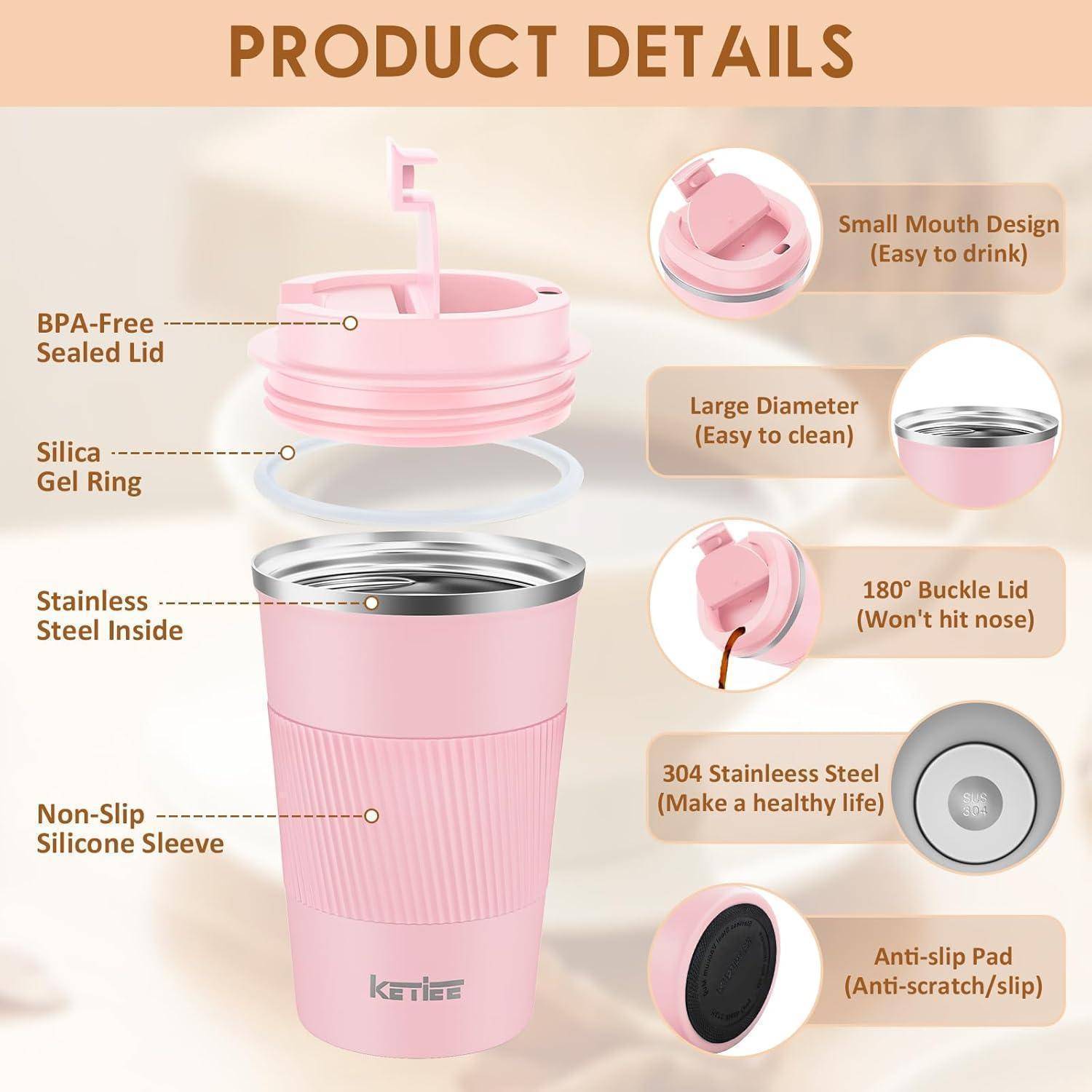 Kaffeebecher to go 380ml Thermobecher Doppelwandig Rosa