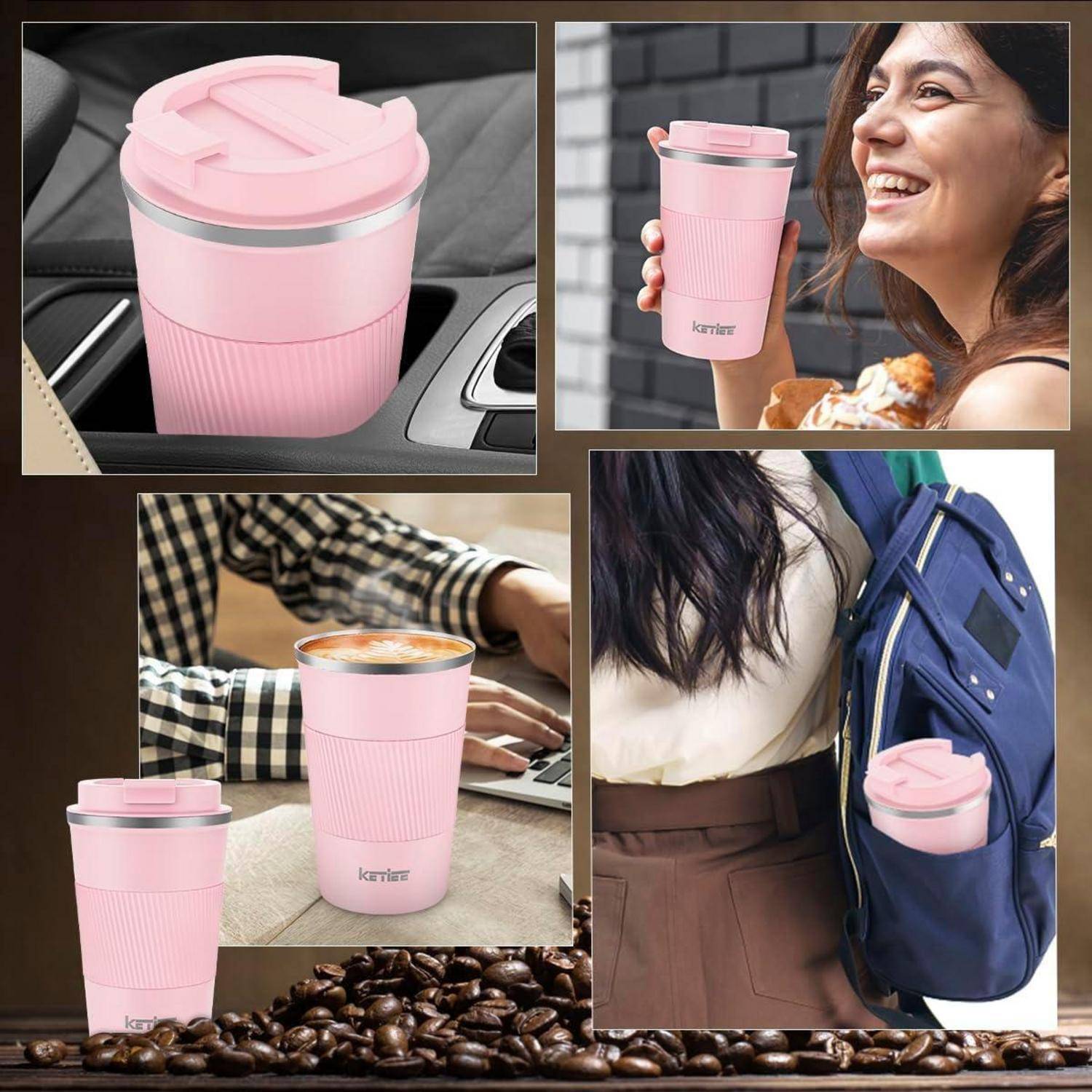 Kaffeebecher to go 380ml Thermobecher Doppelwandig Rosa