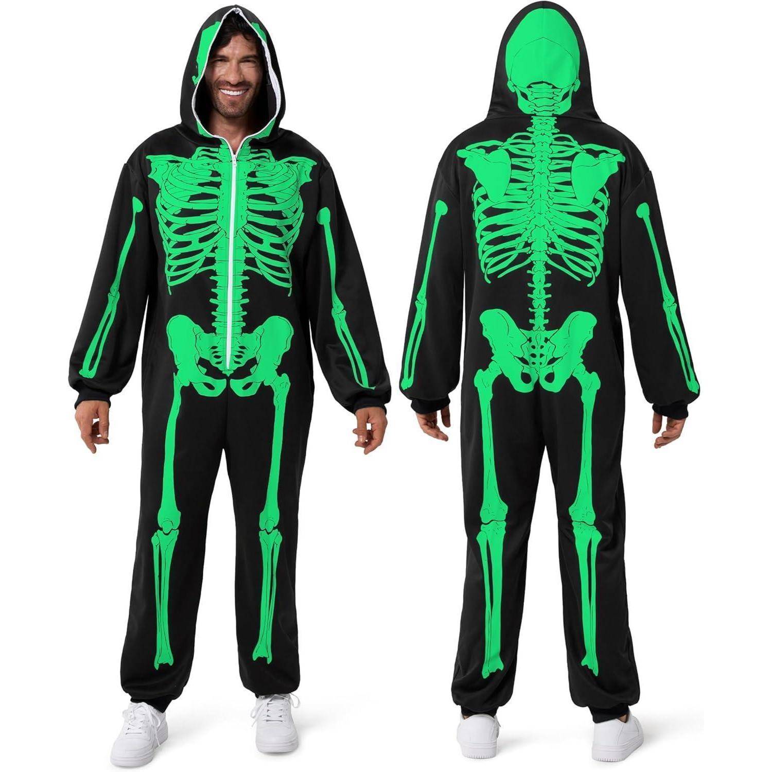 Skelett Overall Herren Pyjama Leuchtend Kapuze Halloween S