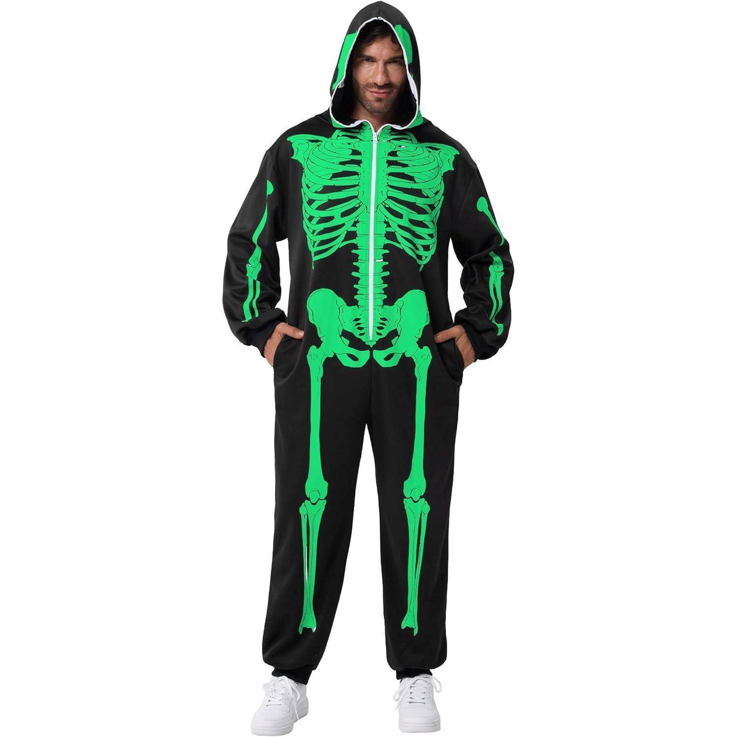 Skelett Overall Herren Pyjama Leuchtend Kapuze Halloween S
