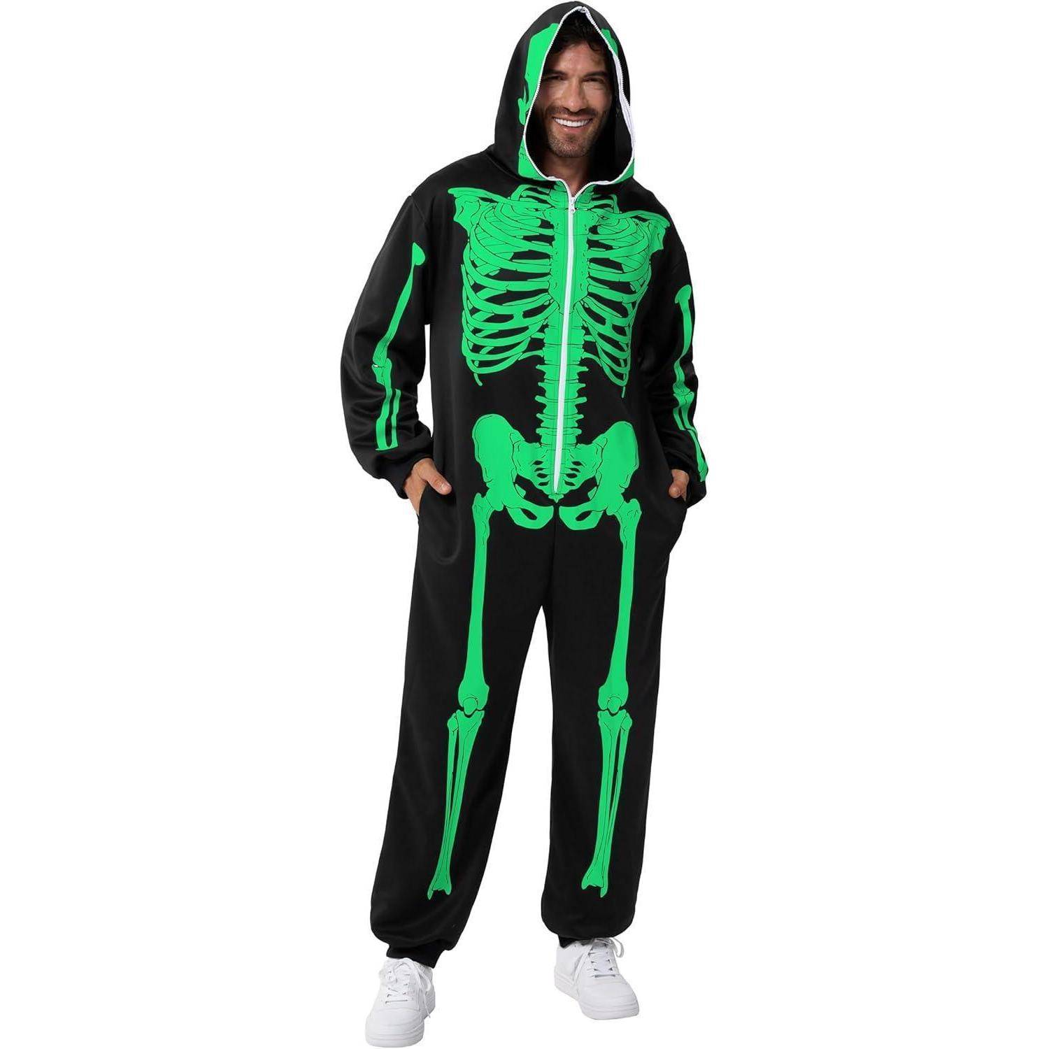 Skelett Overall Herren Pyjama Leuchtend Kapuze Halloween S