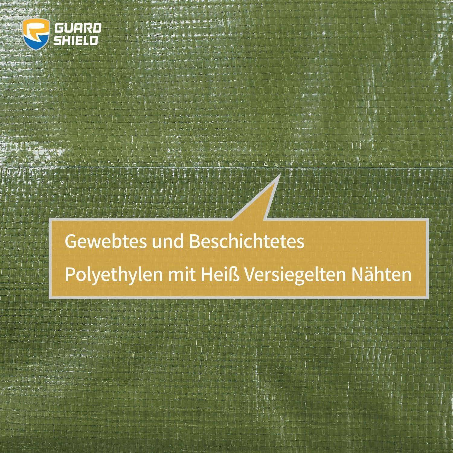 Grünes gewebtes Polyethylen-Gewebe mit einem Textfeld, das besagt: 'Gewebtes und Beschichtetes Polyethylen mit Heiß Versiegelten Nähten.' Guard Shield Logo.