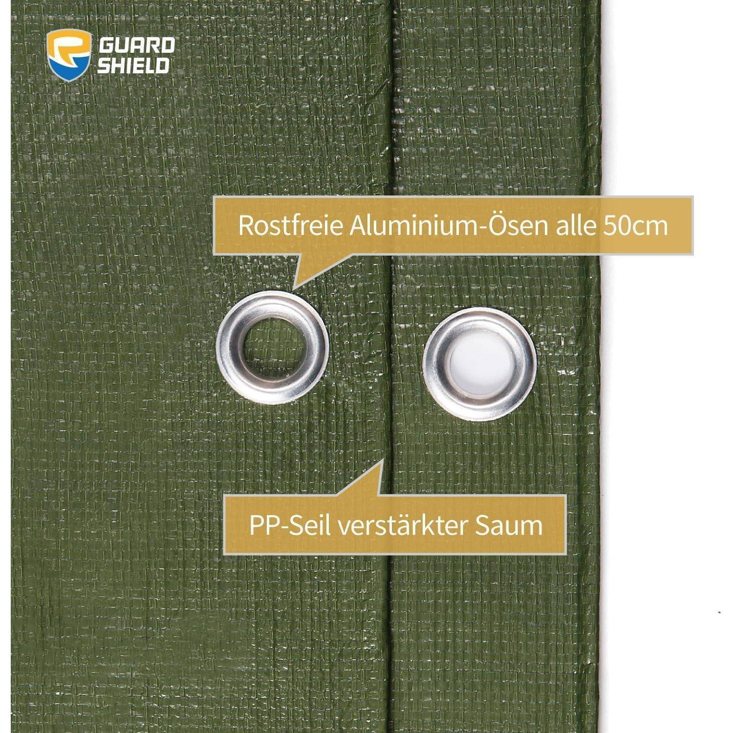 Grüne Plane mit 'Guard Shield' Logo, rostfreien Aluminium-Ösen alle 50 cm und verstärktem Saum mit PP-Seil für Langlebigkeit.