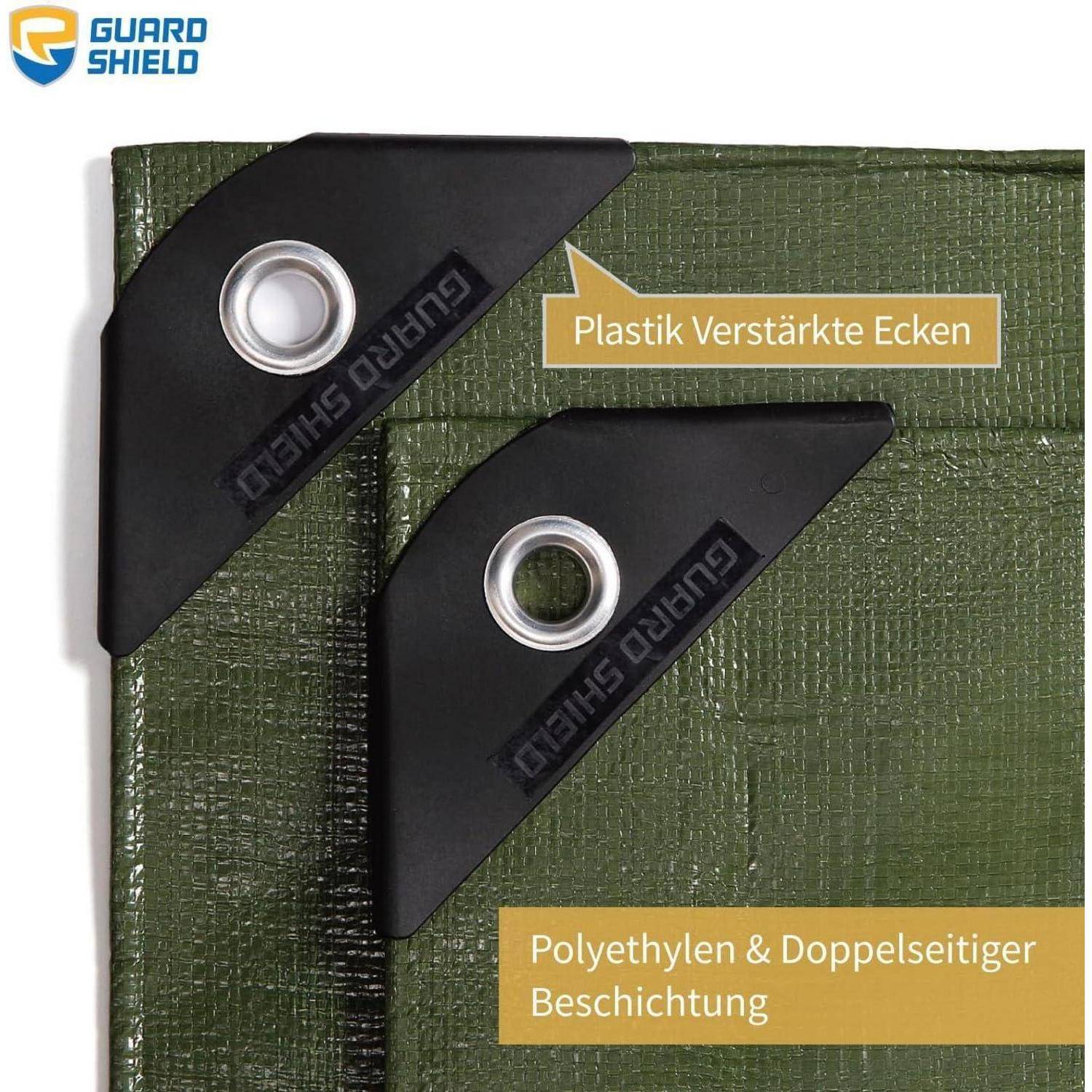 Grüne Plane mit verstärkten Plastikecken und Ösen. Etiketten: 'Plastik Verstärkte Ecken' und 'Polyethylen & Doppelseitige Beschichtung'.