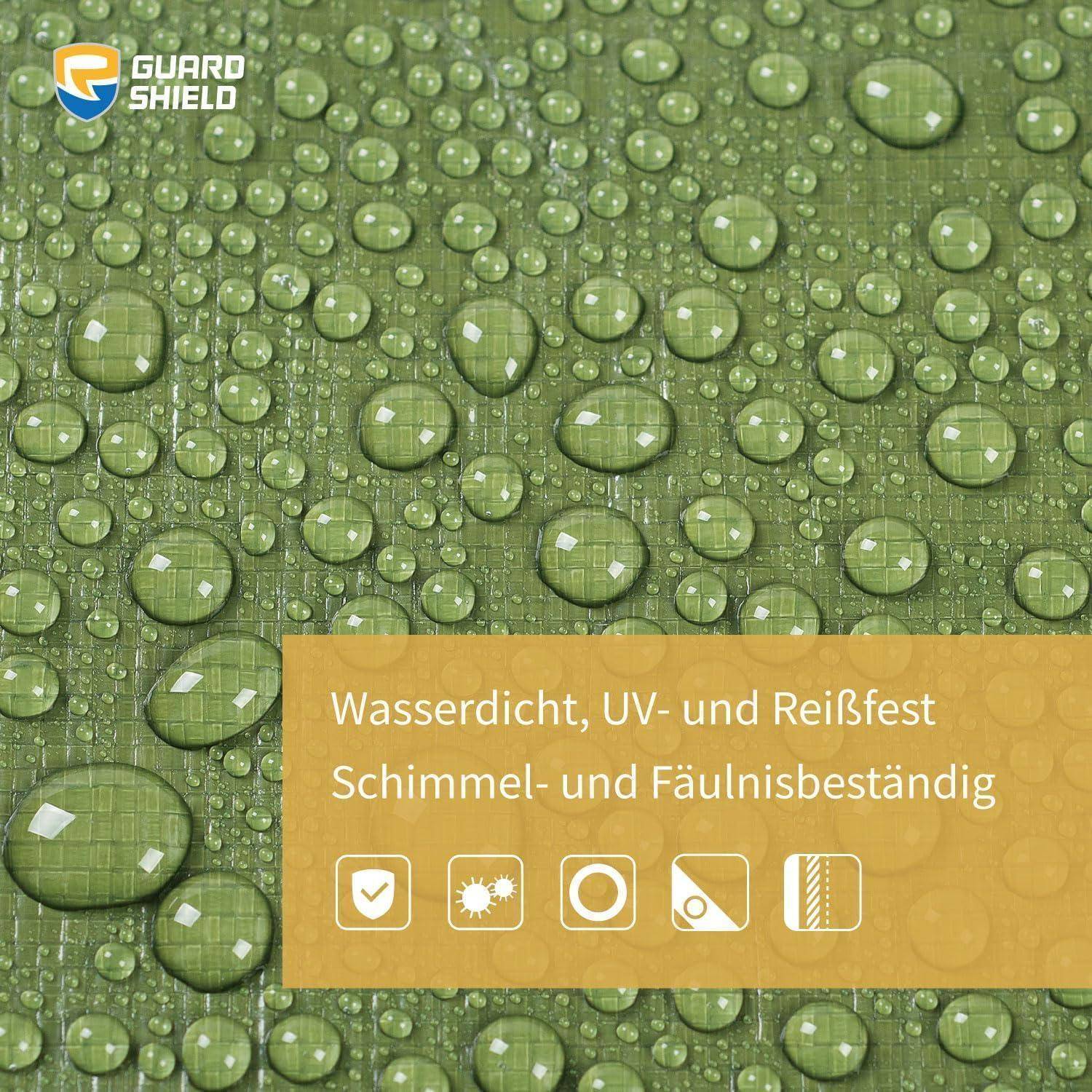 Grüner wasserdichter Stoff mit Wassertropfen, die die Feuchtigkeitsresistenz veranschaulichen. Text hebt UV-, Reiß-, Schimmel- und Rotbeständigkeit hervor.