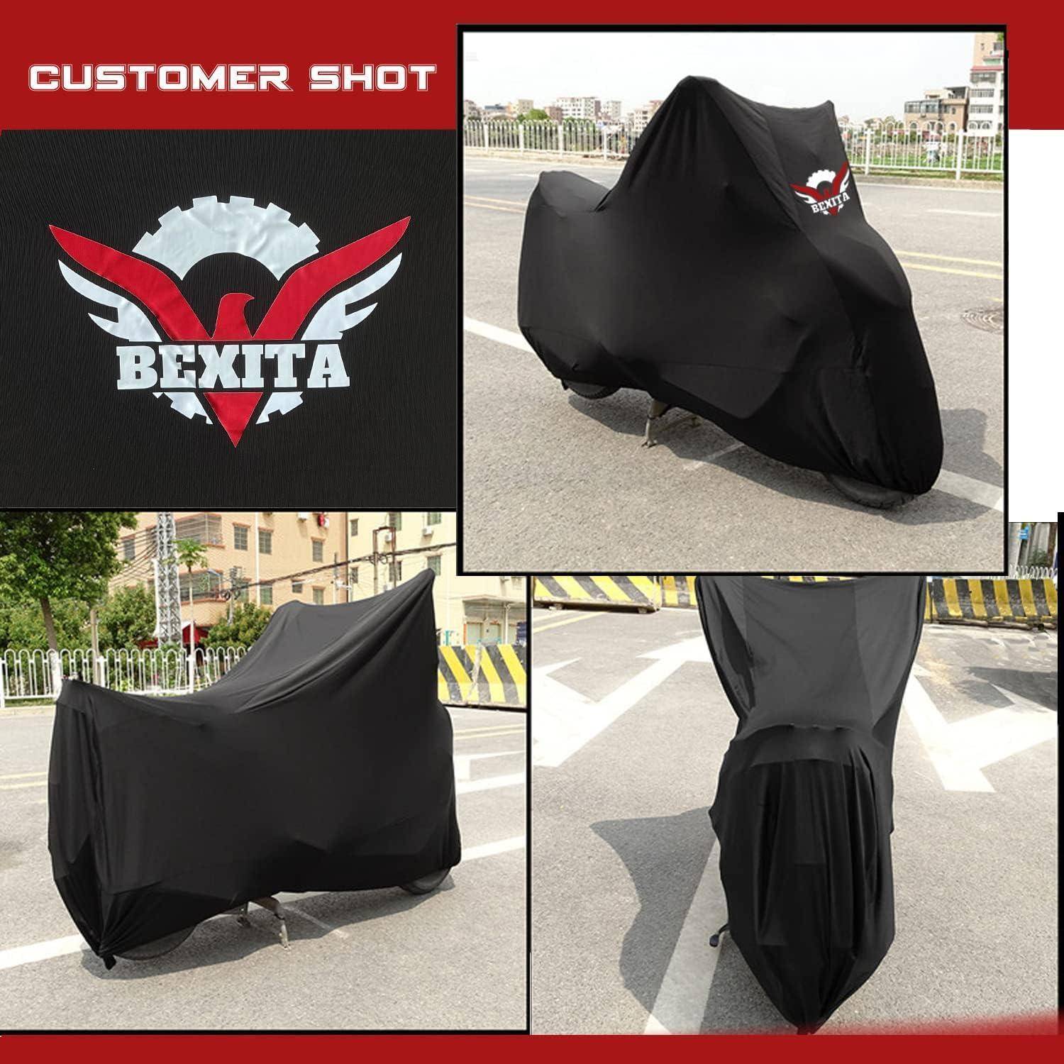 BEXITA-Motorradabdeckungen, die in verschiedenen Straßenszenarien ausgestellt werden und ihren Schutz sowie ihre passgenaue Gestaltung demonstrieren.