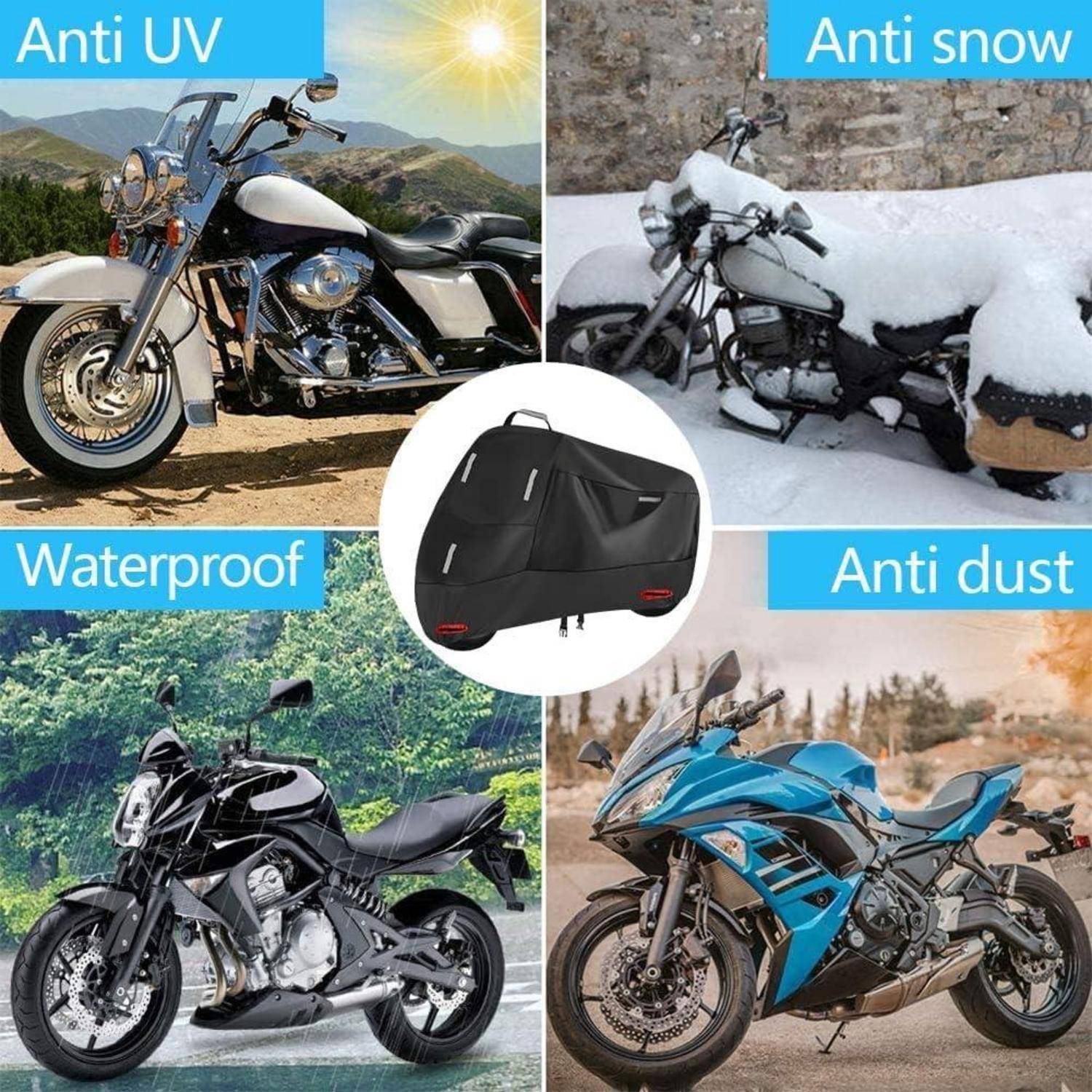 Vier Motorräder, geschützt durch eine Abdeckung, mit hervorgehobenen Eigenschaften: UV-beständig, schneefest, wasserdicht und staubdicht.