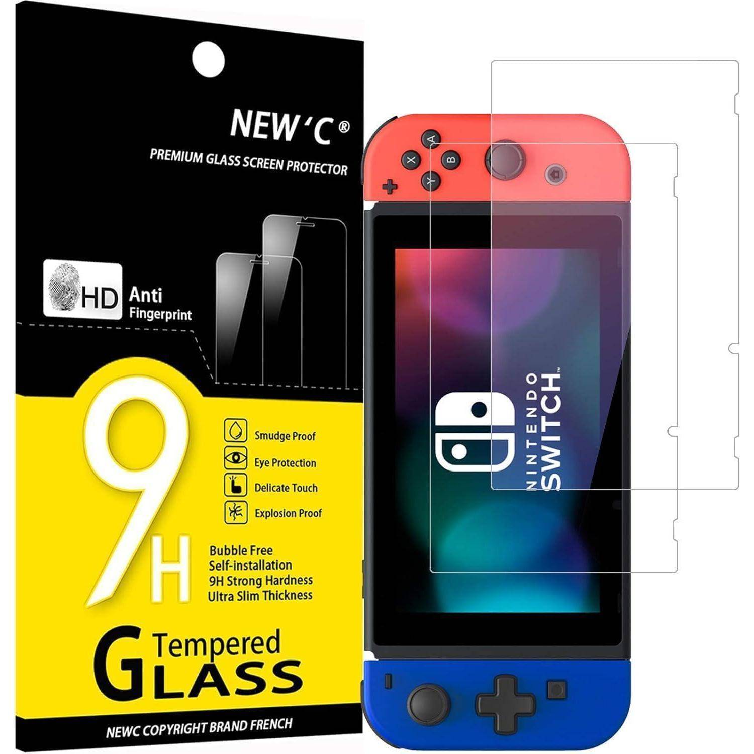 Das Bild zeigt einen 'NEW'C' Displayschutz aus gehärtetem Glas für eine Nintendo Switch mit Anti-Fingerabdruck- und explosionssicheren Eigenschaften.