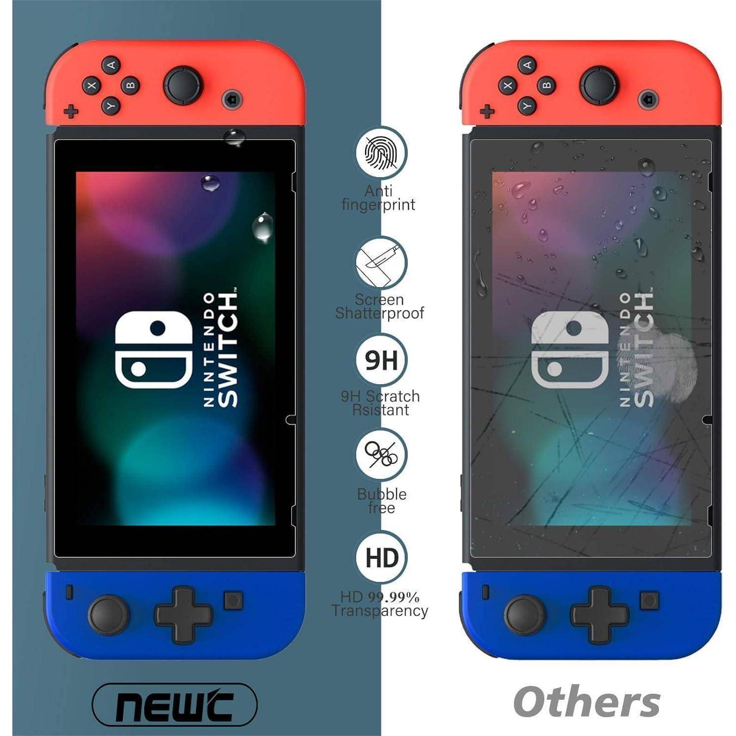 Vergleich von Nintendo Switch-Bildschirmen. Links: Neuer Bildschirm, fingerabdruckresistent, bruchsicher, kratzfest, blasenfrei, hochtransparent. Rechts: Andere, sichtbar zerkratzt und rissig.