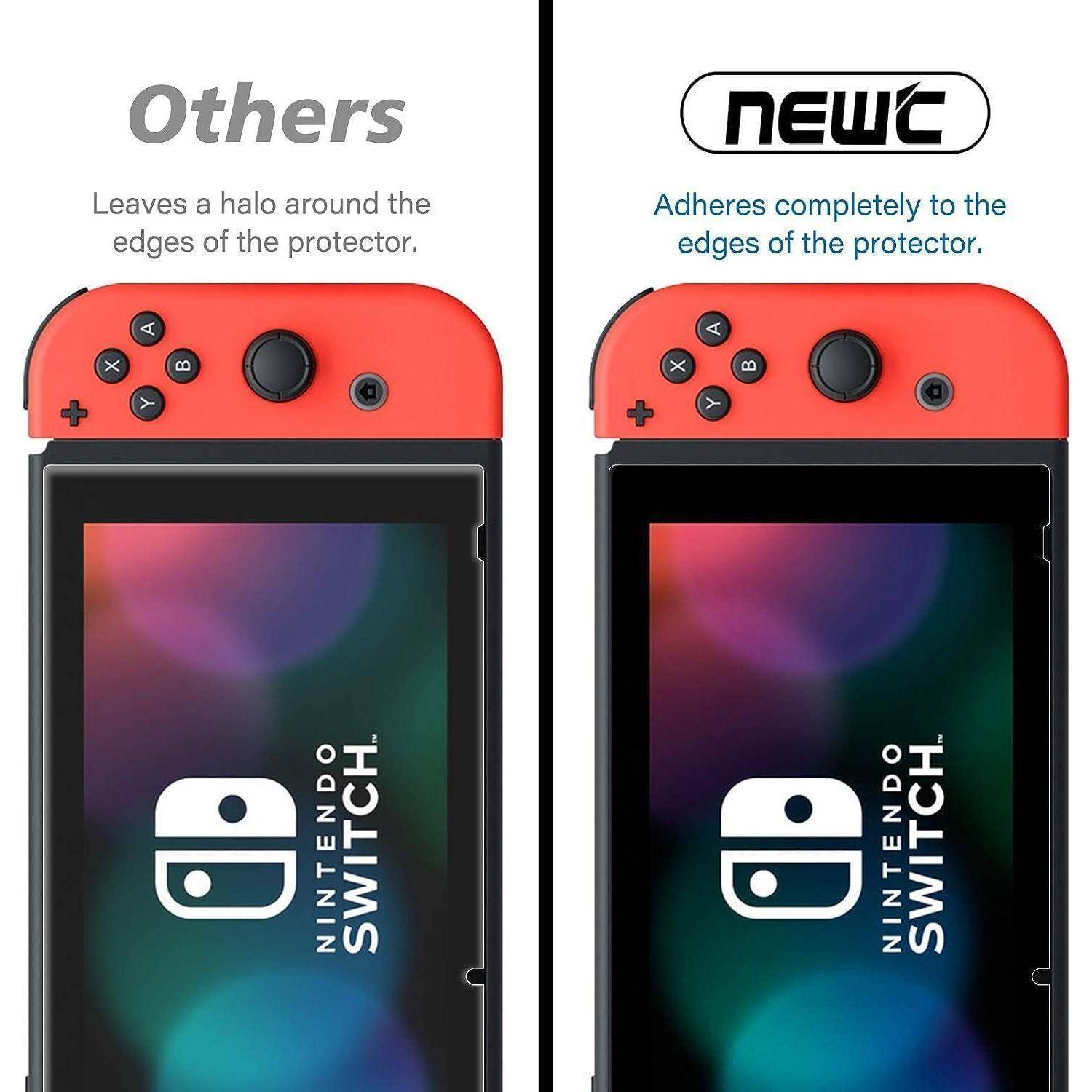Vergleich von Bildschirmschutzfolien für Nintendo Switch. Links: 'Andere' mit Halo an den Kanten. Rechts: 'NewC' haftet vollständig.