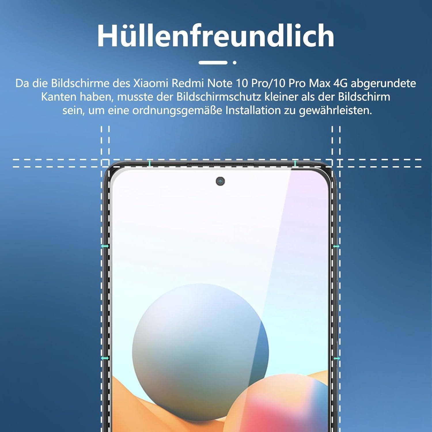 Ein Telefonbildschirm wird mit abgerundeter Kante gezeigt, der die Kompatibilität mit Hüllen demonstriert. Der deutsche Text erläutert Funktionen des Bildschirmschutzes.