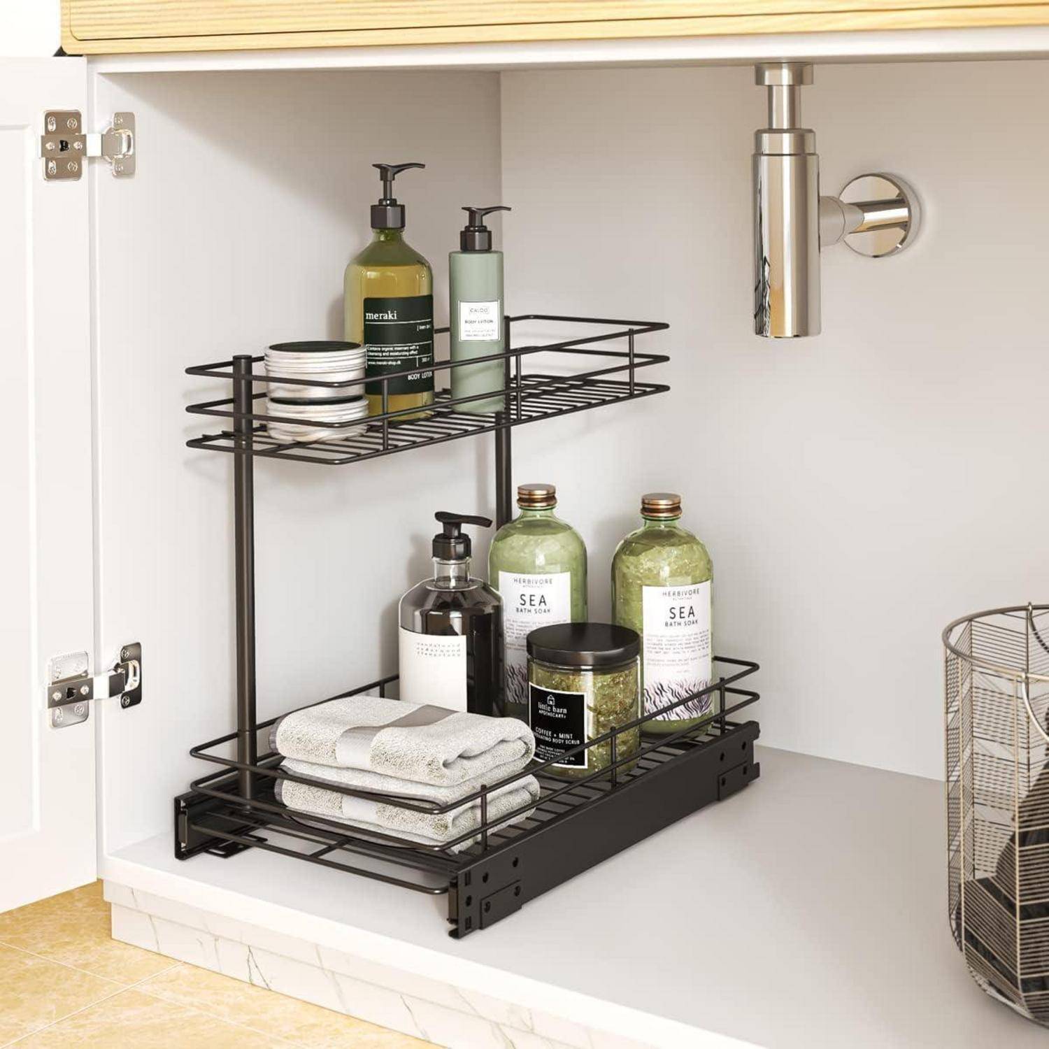 2 Ebenen Unter Spüle Regal Metall Schwarz Bad Küche Organizer