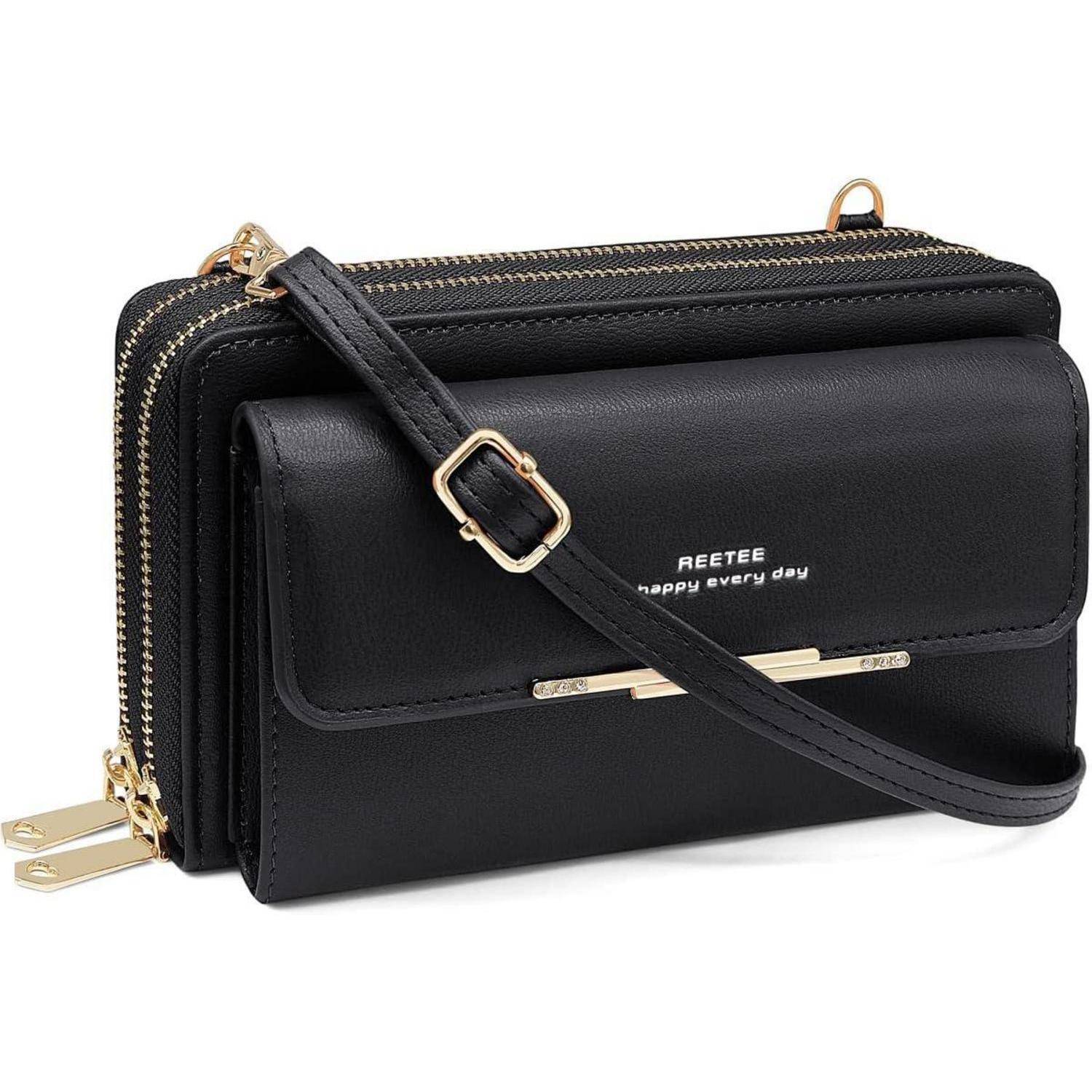 Handytasche Damen RFID Umhängetasche PU Leder 24 Kartenfächer schwarz