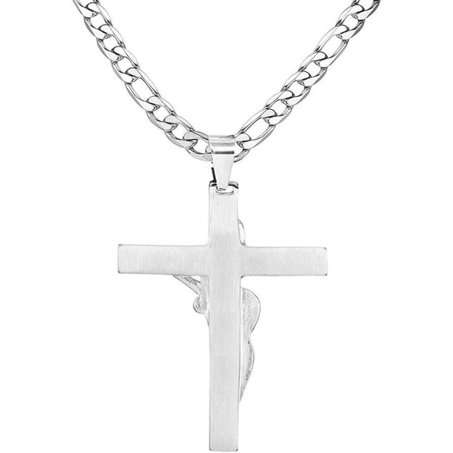 Silberne Kette mit Kreuzanhänger, der eine geprägte Figur zeigt.