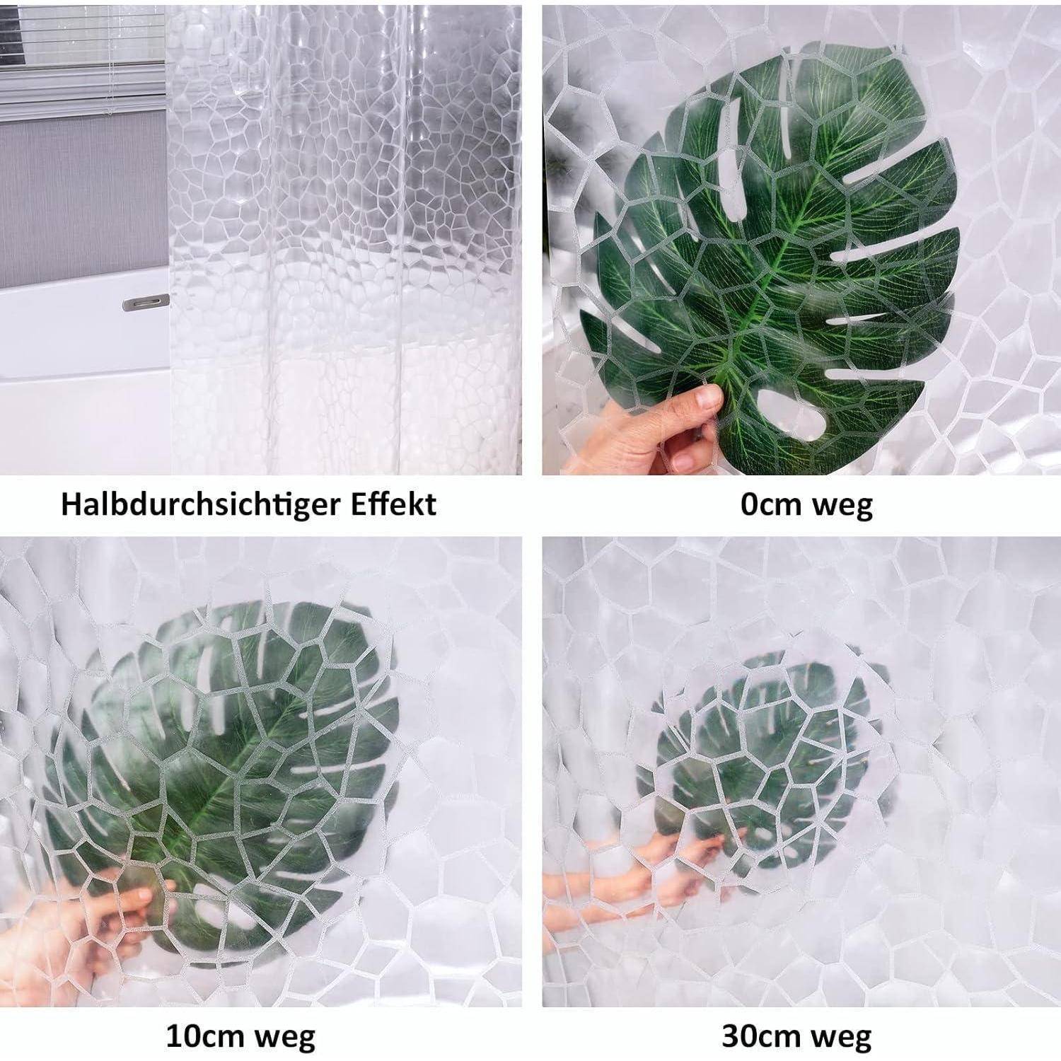 Nahaufnahme einer strukturierten Sichtschutzfolie, die unterschiedliche Sichtbarkeitsstufen von 0 cm bis 30 cm zeigt, mit sichtbarem Blattmuster bei 10 cm.