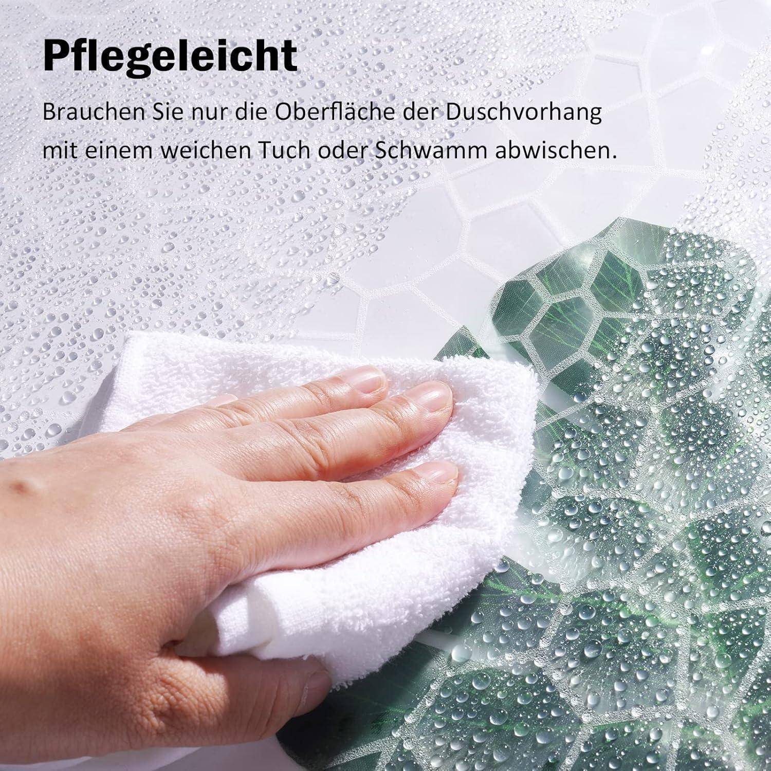 A hand cleans a hexagon-patterned, water-speckled surface with a cloth. The text reads 'Easy to maintain: Simply wipe the surface of the shower curtain with a soft cloth or sponge.