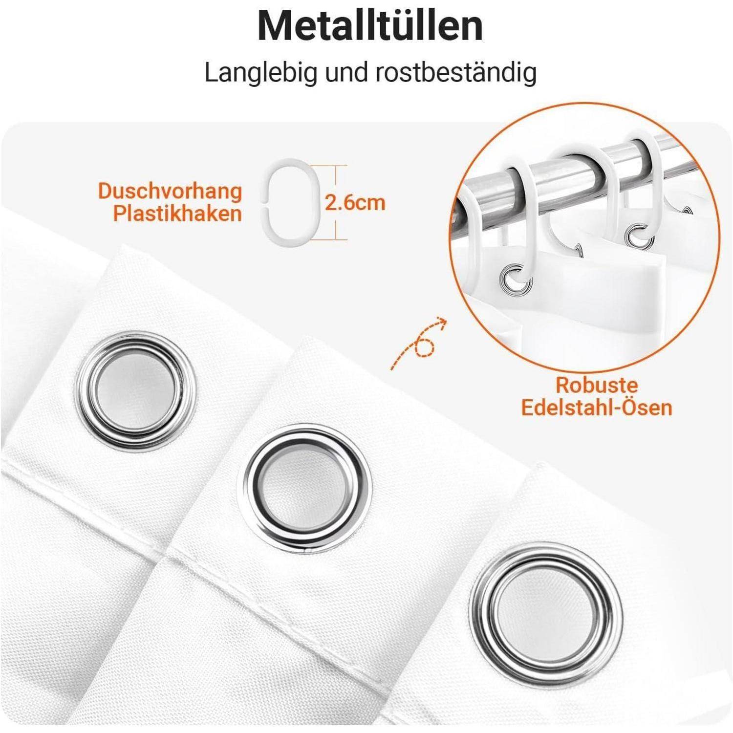 Duschvorhang mit Metalläugeln und Kunststoffhaken, mit Aufschrift 'Langlebig und rostbeständig', 2,6 cm Durchmesser, der die Haltbarkeit hervorhebt.