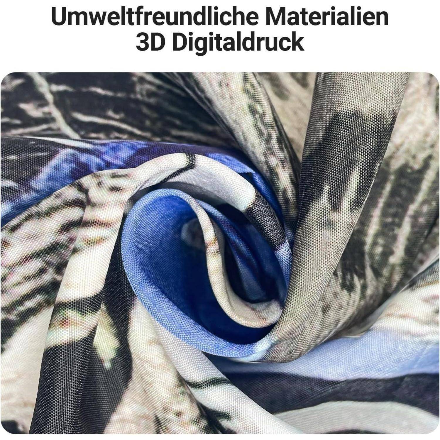Nahaufnahme eines Gewebes mit 3D-Digitaldruckmuster in Blau- und Grautönen, mit Text darüber, der „Umweltfreundliche Materialien 3D Digitaldruck