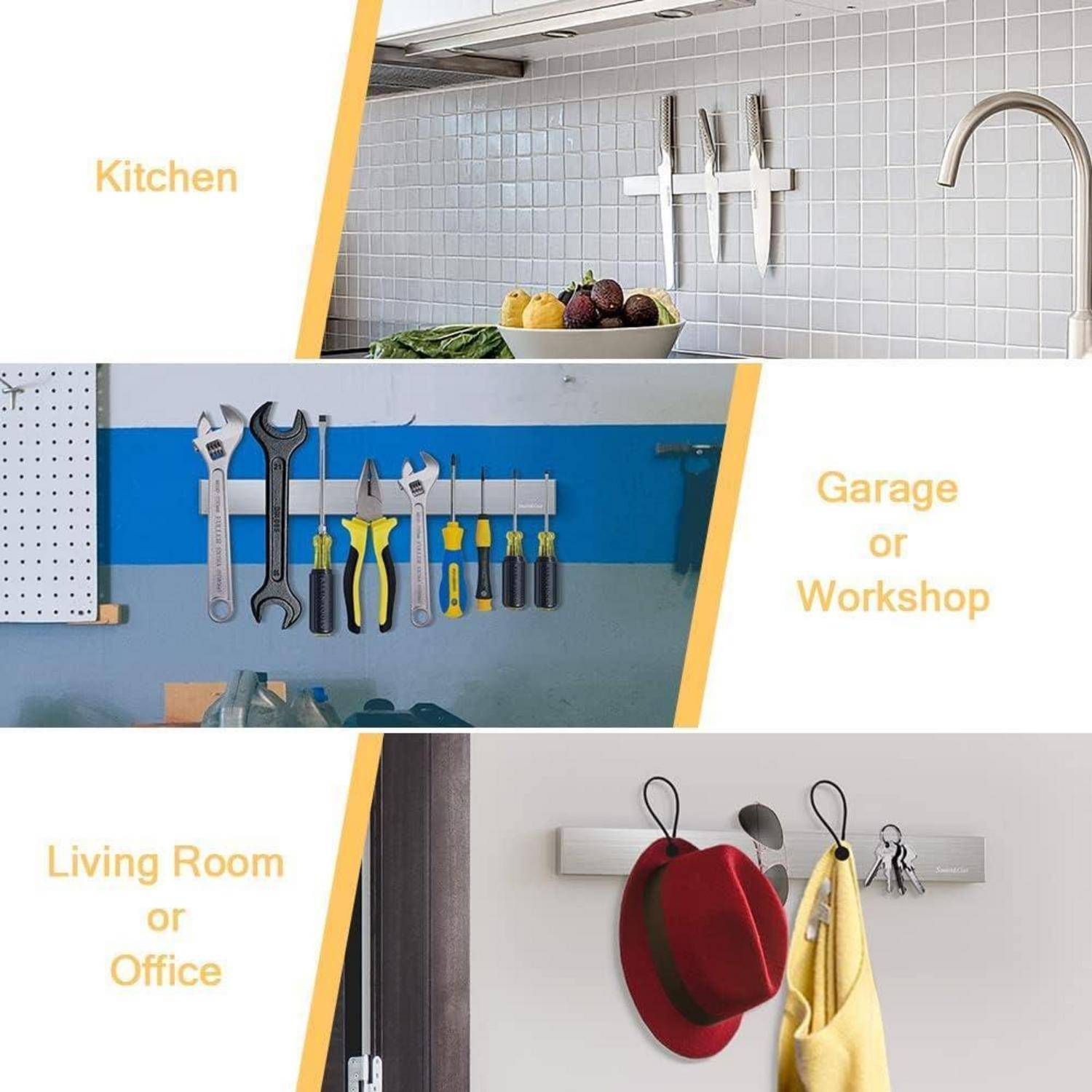Küche: Magnetischer Messerhalter an einer gefliesten Wand. Garage oder Werkstatt: Werkzeuge an einer Magnetleiste. Wohnzimmer oder Büro: Hüte und Schlüssel an Haken.
