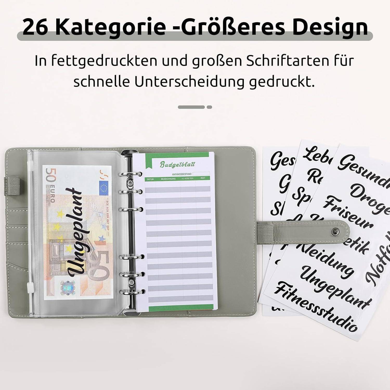 Ein offener Organizer zeigt eine Budgettabelle und Bargeld, mit Kategorielabels wie ‚Ungeplant', ‚Fitnessstudio' und ‚Gesund'.