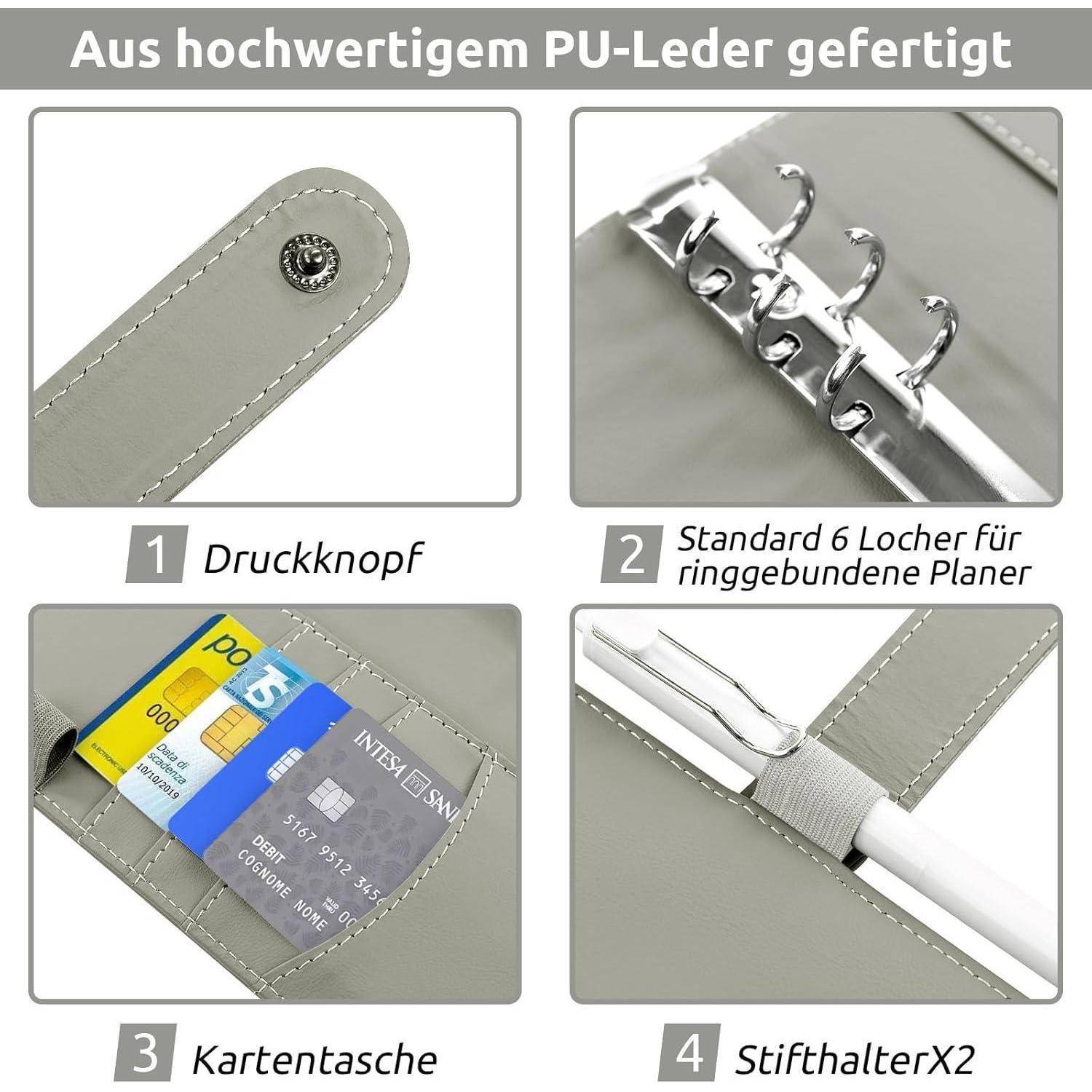 Organizer aus hochwertigem PU-Leder mit Druckknopfverschluss, Standard-6-Ringbindung, Kartenfach und zwei Stifthaltern.