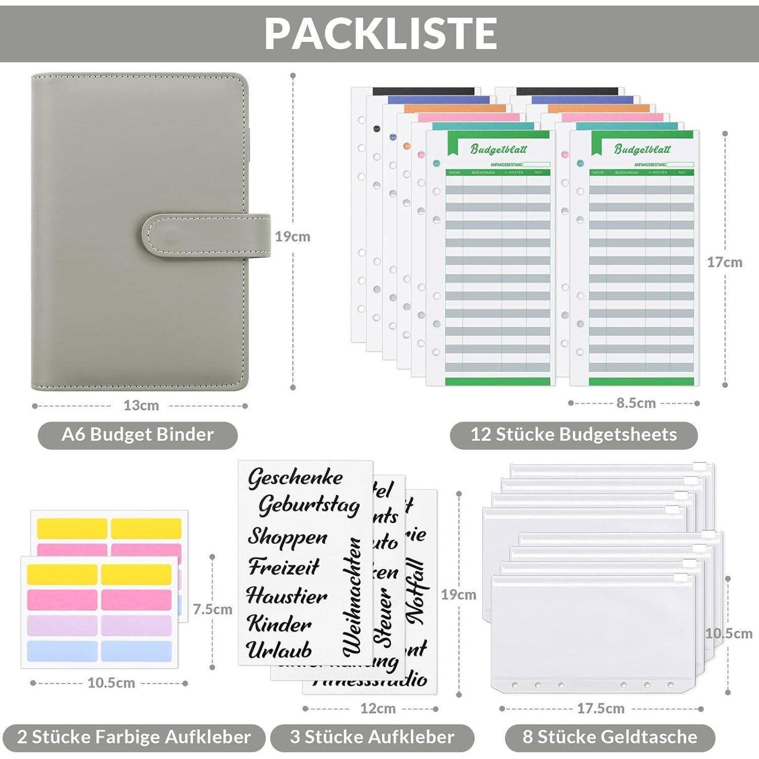 Die 'Packliste' enthält ein Budget-Ringbuch-Set mit einem A6-Ringbuch (13x19cm), 12 Budget-Blättern (17x8,5cm), Stickern (10,5x7cm, 12x19cm) und 8 Bargeld-Umschlägen.
