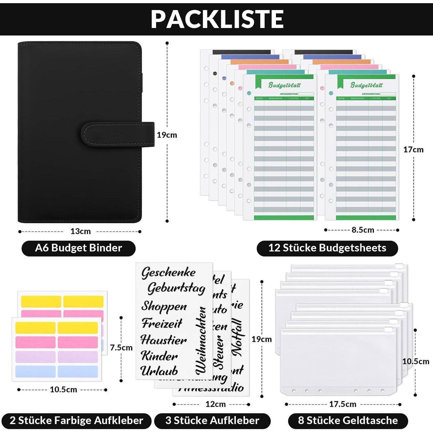 Packliste' enthält: 1 A6-Budgetordner (13 cm x 19 cm), 12 Budgetblätter (11 cm x 17 cm), 3 Aufkleberbogen (10,5 cm x 14 cm), 8 Bargeld-Umschläge (12 cm x 17,5 cm), 2 farbige Aufkleberbogen.