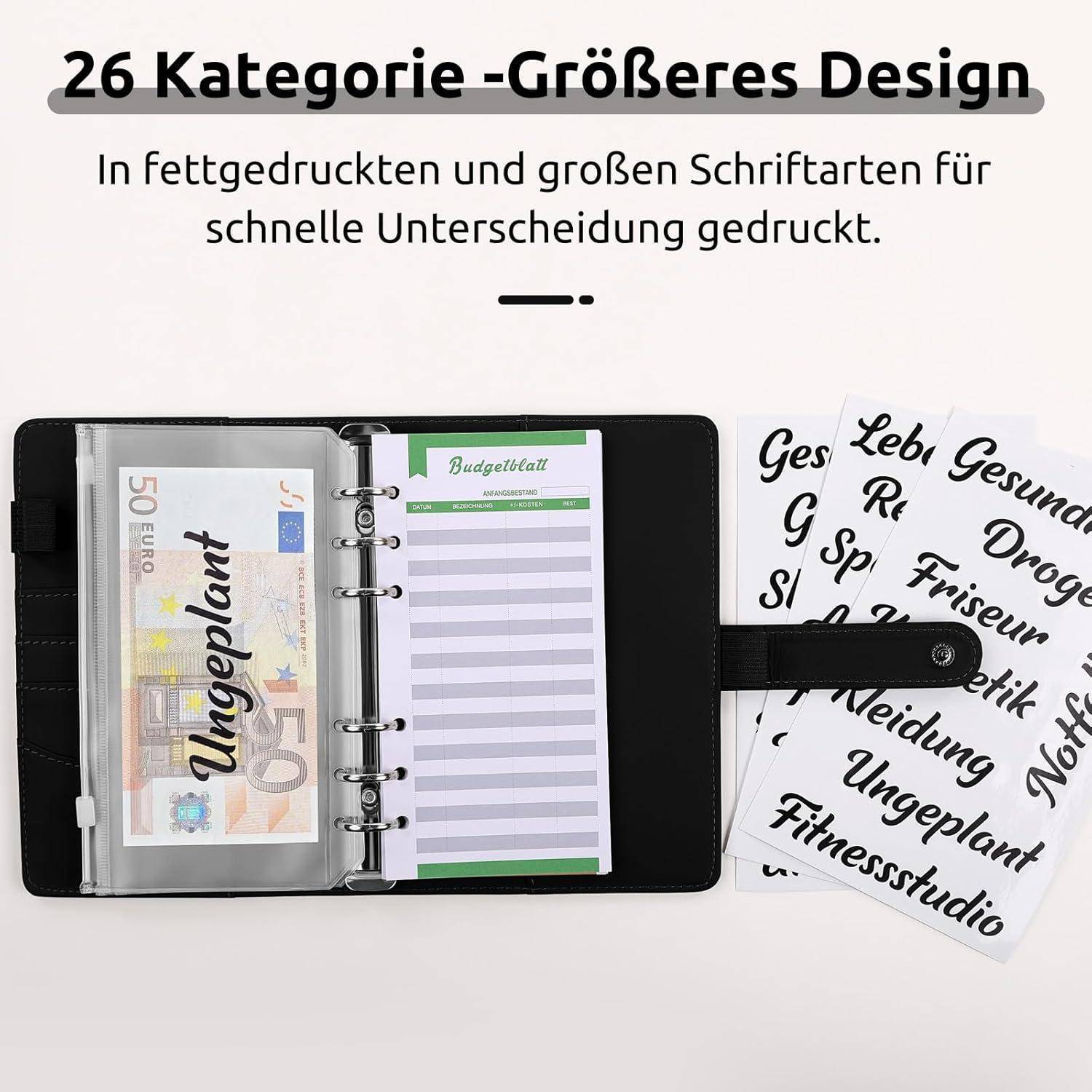 Ein Budgetplaner mit einem Ordner, beschriftet mit '26 Kategorien - Größeres Design', mit fetten, großen Schriftarten für eine leichte Unterscheidung.