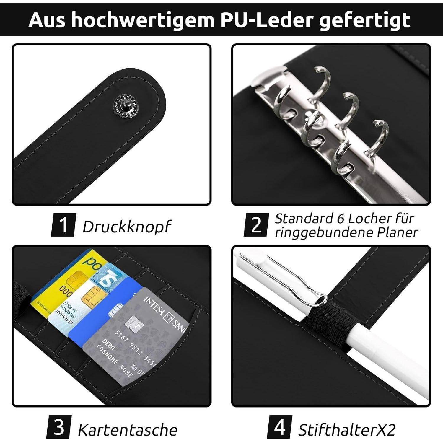 Deutsche Beschreibung der Planer-Funktionen: magnetischer Schnappverschluss, 6-Ringe-Ringbuch, Kartenfach und doppelter Stifthalter.