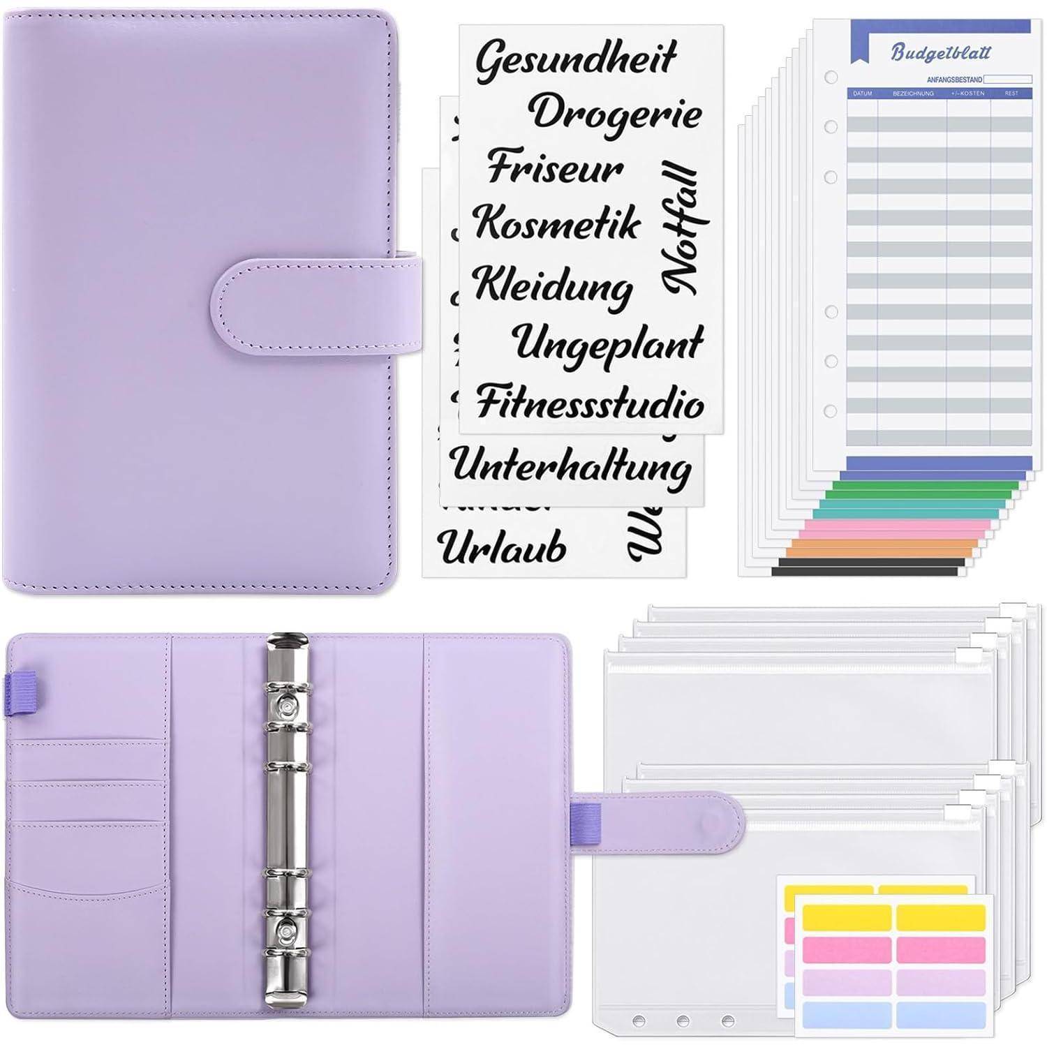 Budget Binder A6 mit Geldumschläge, Etiketten, Kalender - Sparbuch
