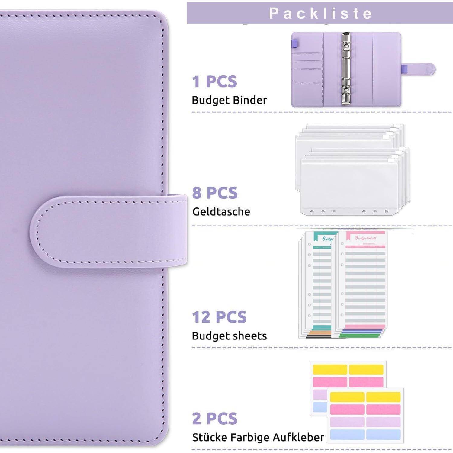 Lila Budgetordner-Set mit einem Ordner, 8 Geldtaschen, 12 Budgetblättern und 2 Sätzen bunter Aufkleber.