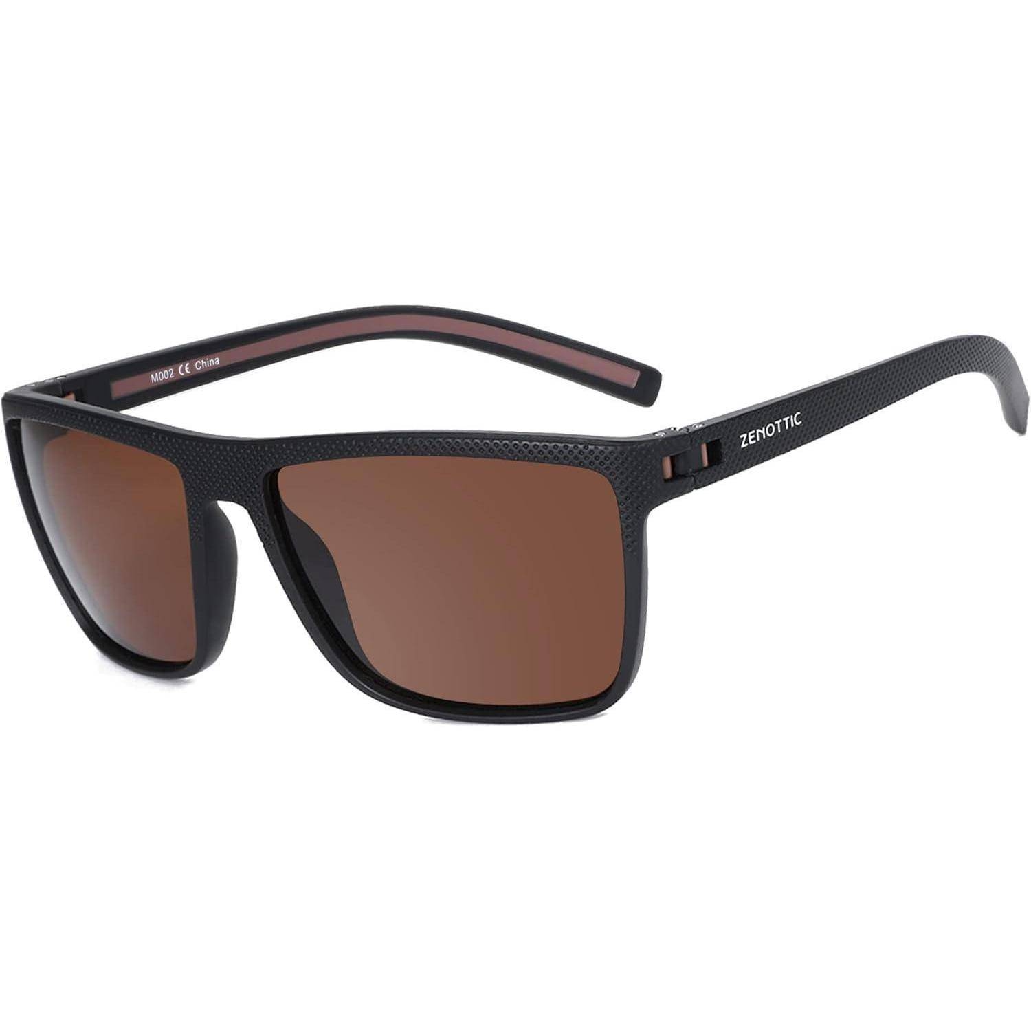 Dunkle Sonnenbrille mit braunen Gläsern und einem eleganten schwarzen Gestell, mit der Markenaufschrift 'ZENOTTIC' an der Seite.