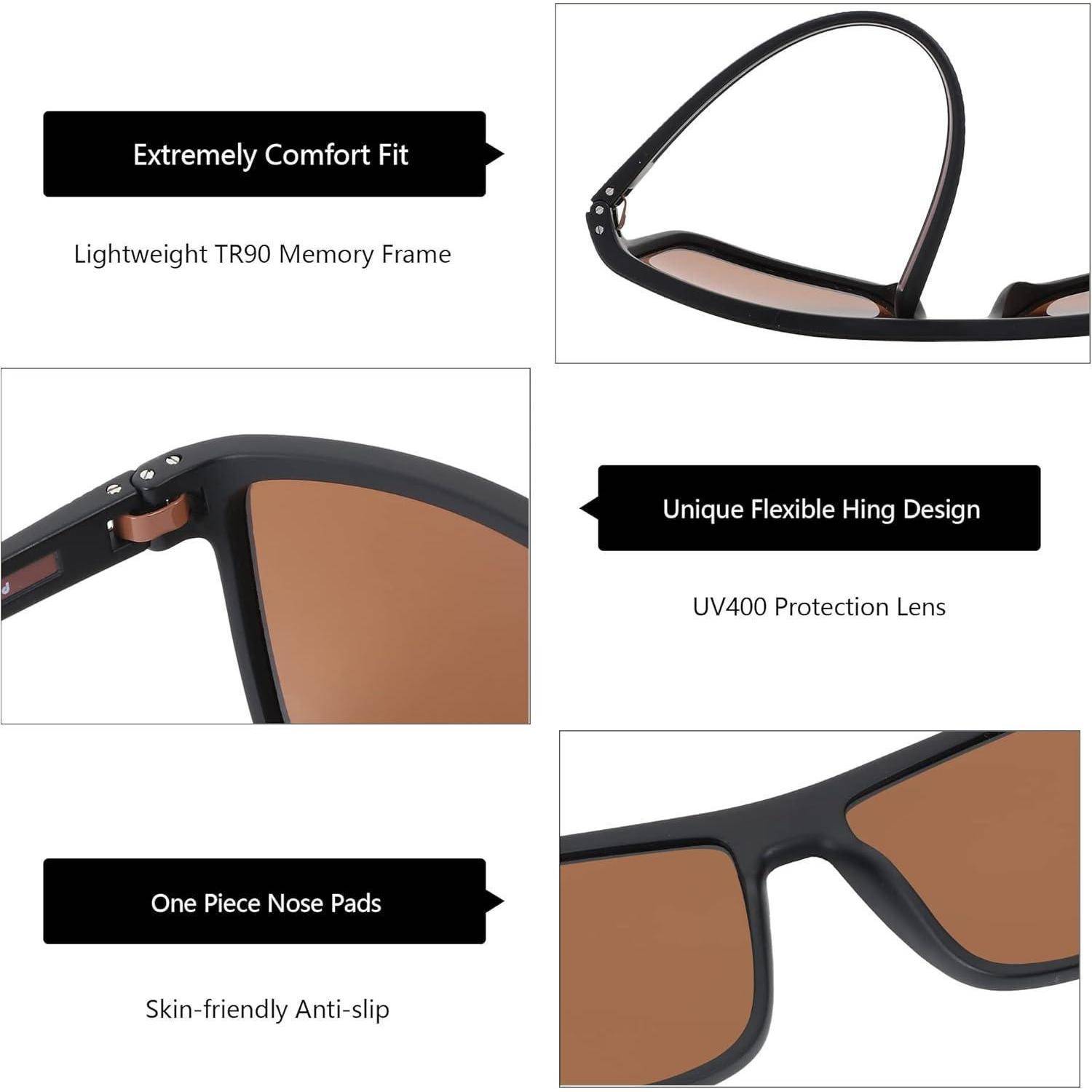 Sonnenbrille mit 'Extremely Comfort Fit' leichtem TR90-Rahmen, UV400-Schutzgläsern, flexiblem Scharnierdesign und rutschfesten Nasenpads.