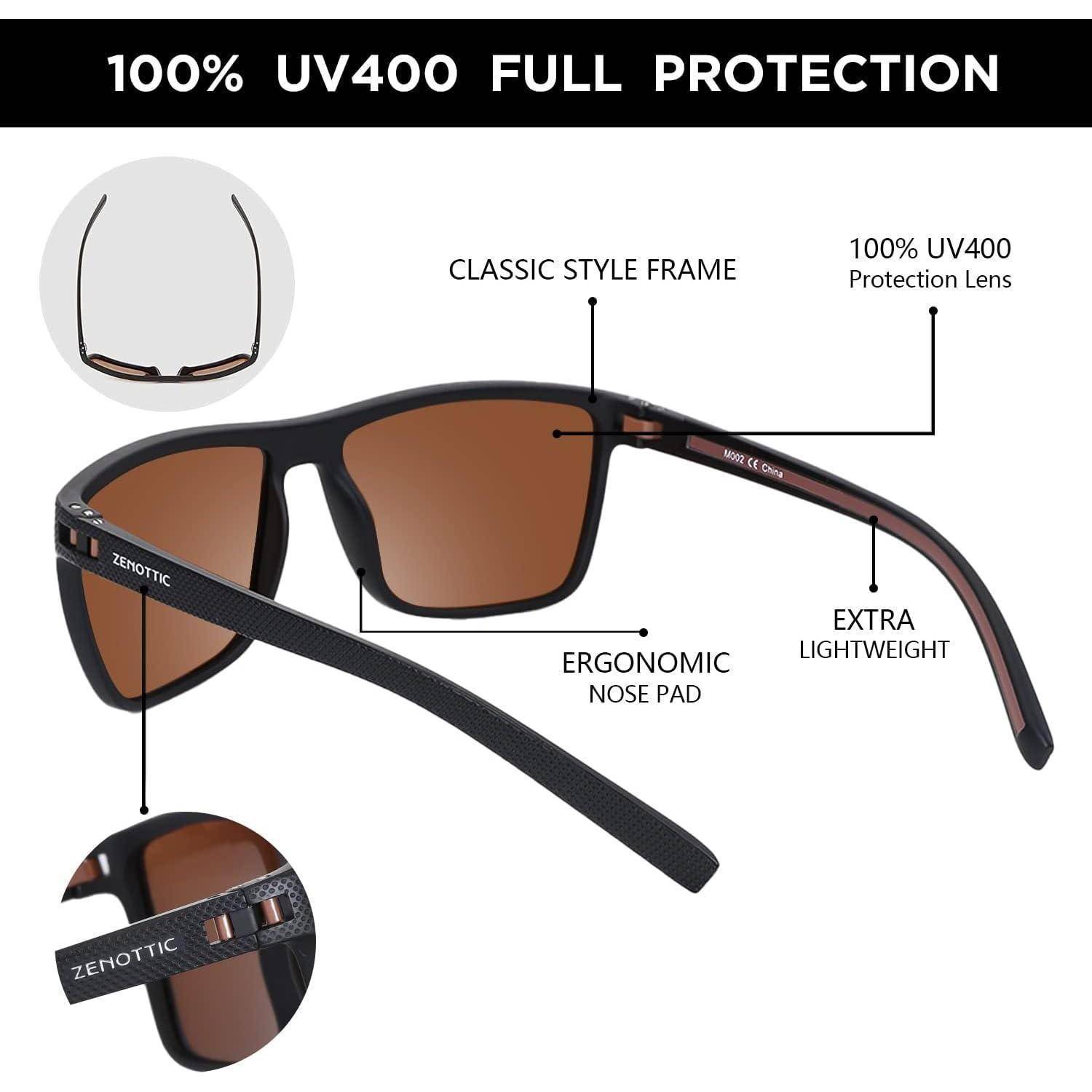Sonnenbrille mit '100% UV400 Vollschutz' Aufschrift; mit klassischem Rahmendesign, ergonomischem Nasensteg, extra leicht, mit Schutzlinsen.
