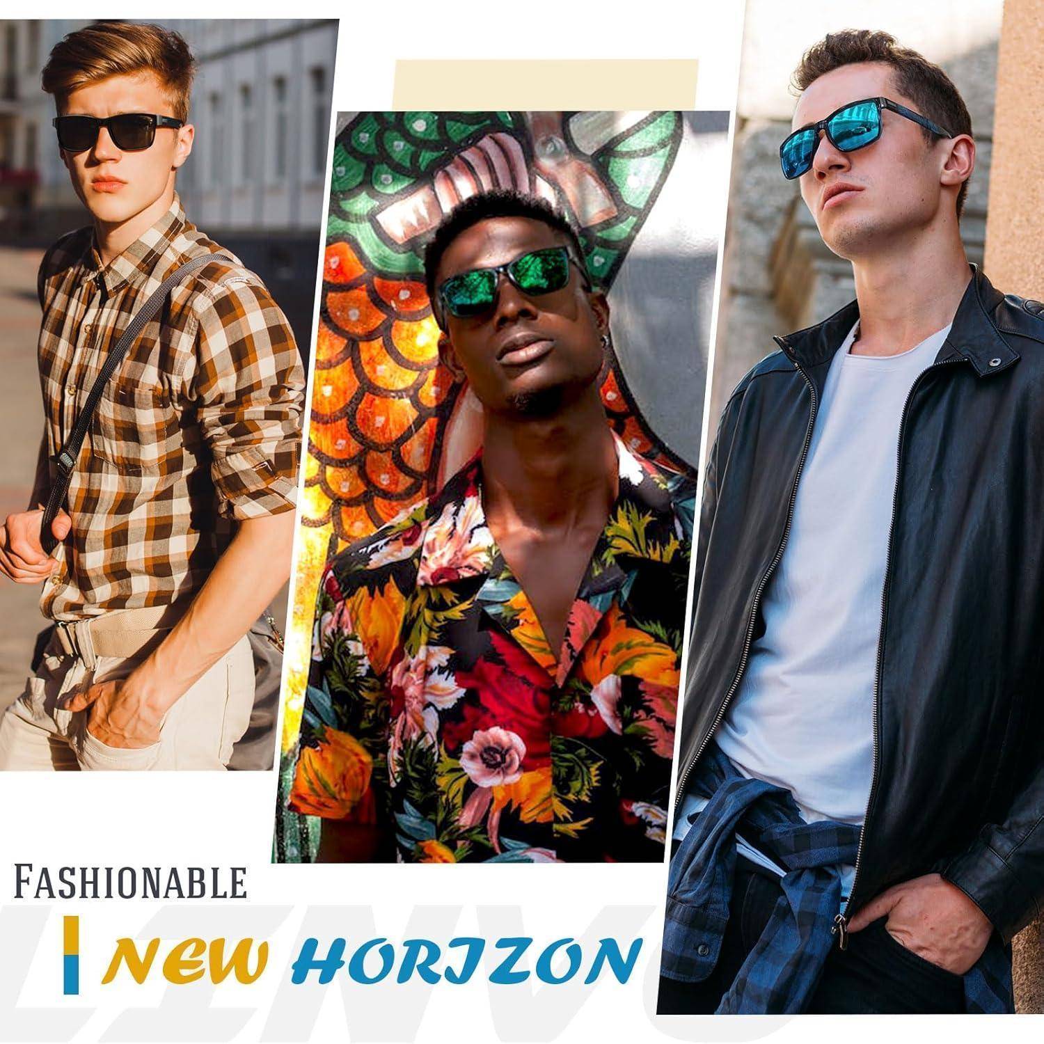 Drei Personen in stilvollen Outfits mit Sonnenbrillen; Text lautet 'Modischer Neuer Horizont.' Lässiges, trendiges Modekonzept.