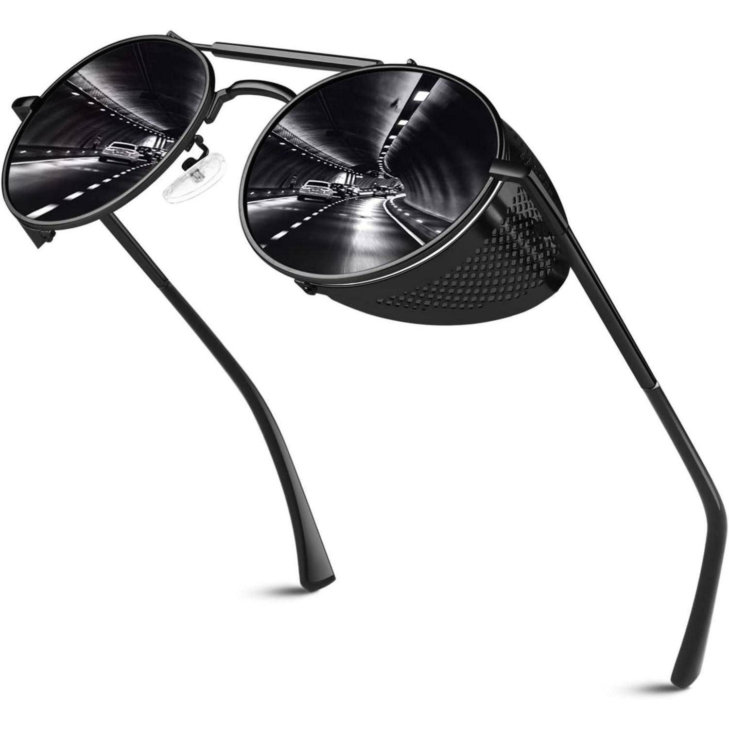 Sonnenbrille Herren Damen Rund Polarisiert Steampunk Metall UV-Schutz