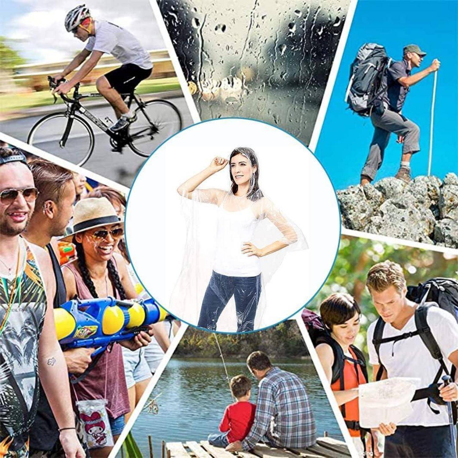 Eine Collage von Outdoor-Aktivitäten: Radfahren, Wandern, Wasserschlachten, Vater und Sohn beim Angeln und ein Paar, das eine Karte liest. Zentrale Figur in Pose.