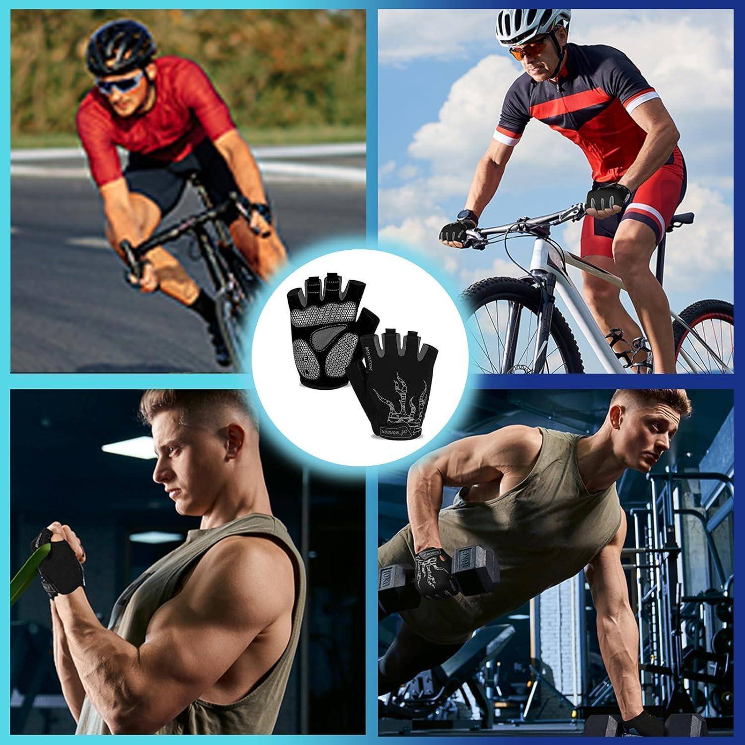 Vier Athleten sind in verschiedene Fitnessaktivitäten wie Radfahren, Gewichtheben und Liegestütze vertieft und zeigen dabei Vielseitigkeit und Stärke.