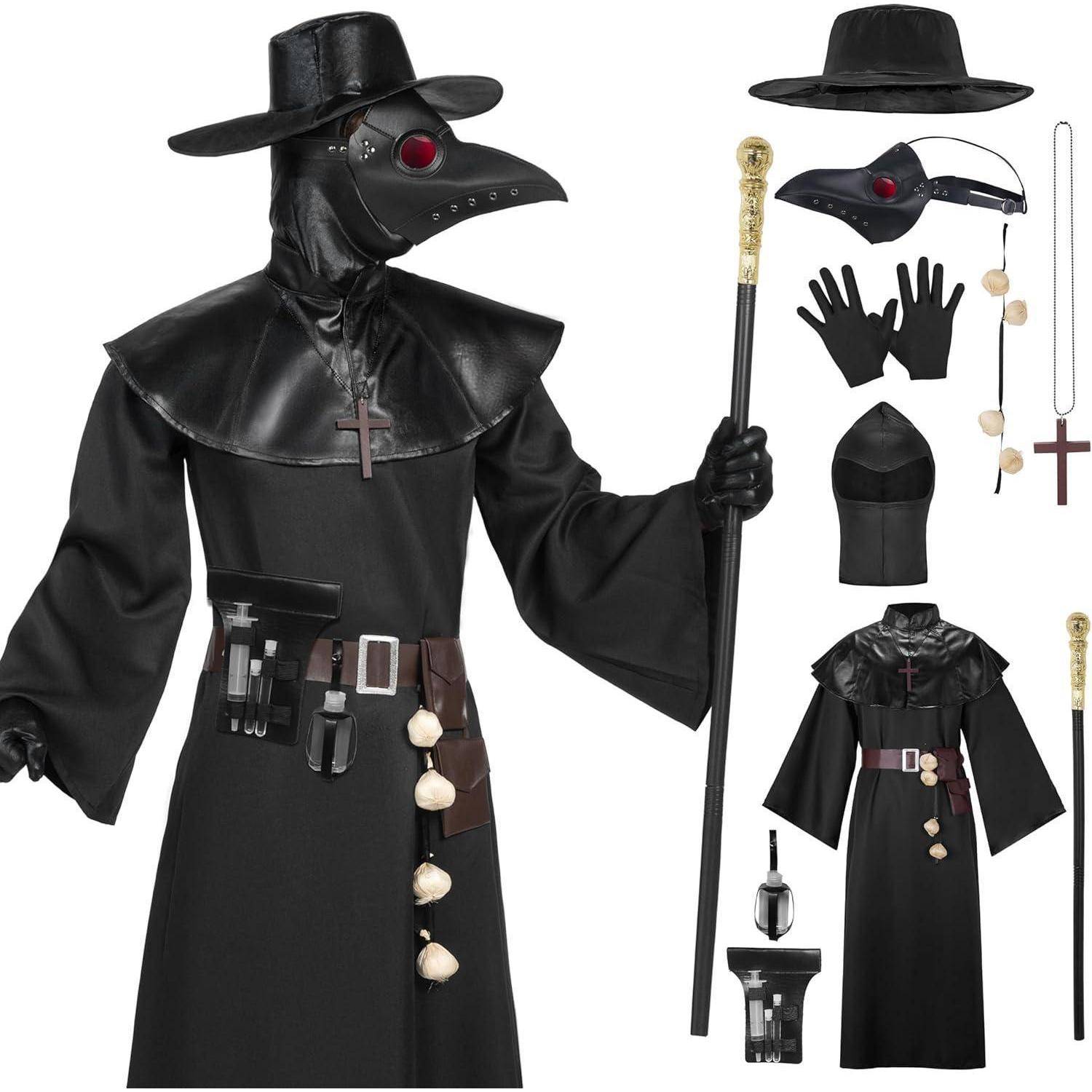 Pestdoktor-Kostümset umfasst schwarze Robe, Umhang, Hut, Schnabelmaske, Handschuhe, Gürtel mit Fläschchen und Gehstock, der die historische Kleidung darstellt.