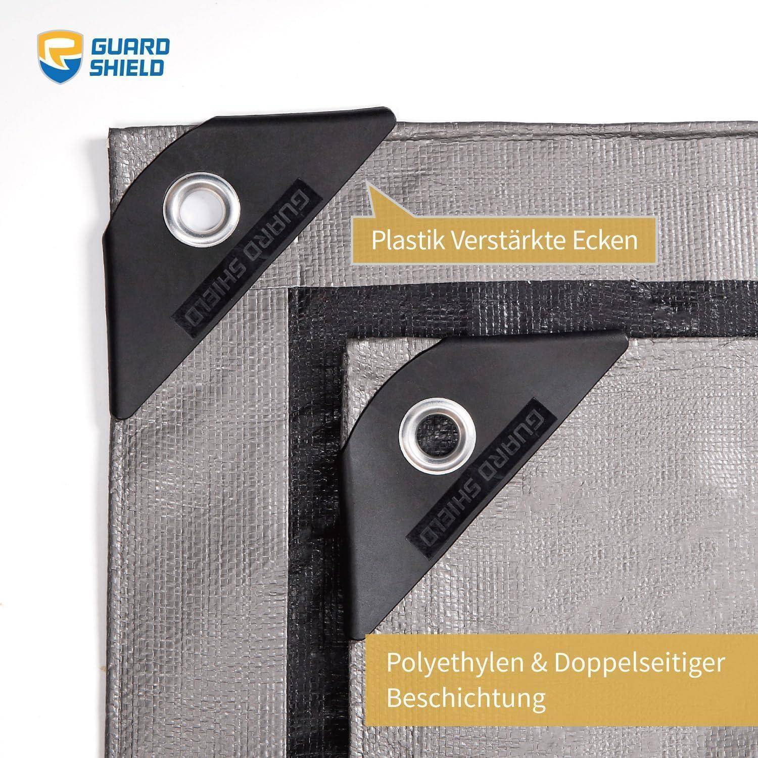 Eine Plane-Ecke mit verstärkten Plastikecken und Ösen. Text auf Deutsch liest sich: 'Plastik Verstärkte Ecken' und 'Polyethylen & Doppelseitiger Beschichtung'.