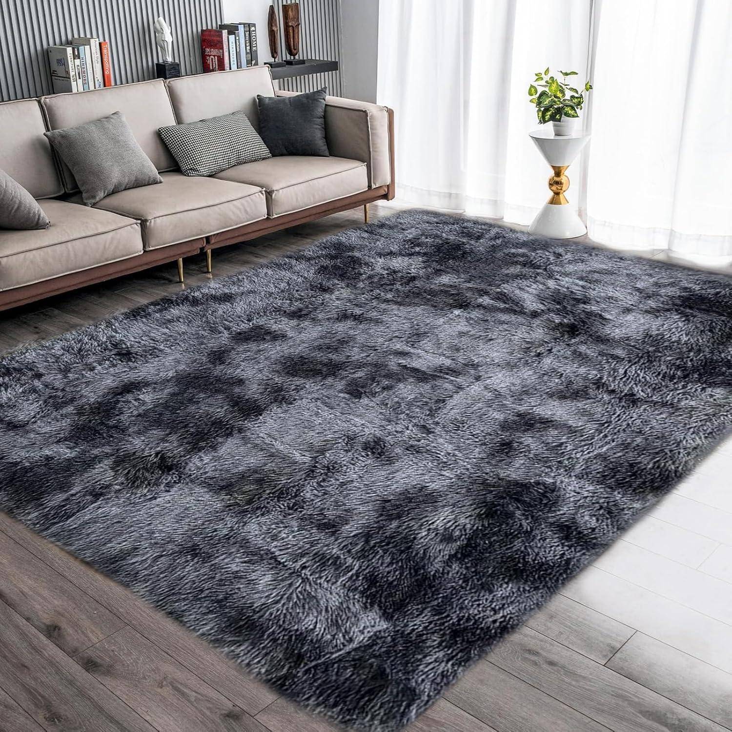 Teppich Rund Flauschig Groß 160 x 200 cm (Rechteckig) Grau Schwarz