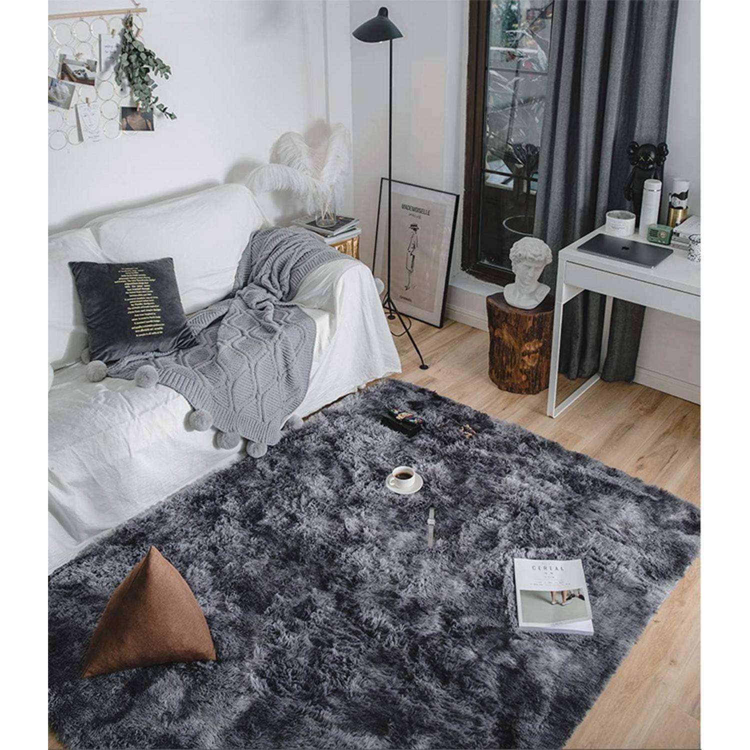 Teppich Rund Flauschig Groß 160 x 200 cm (Rechteckig) Grau Schwarz