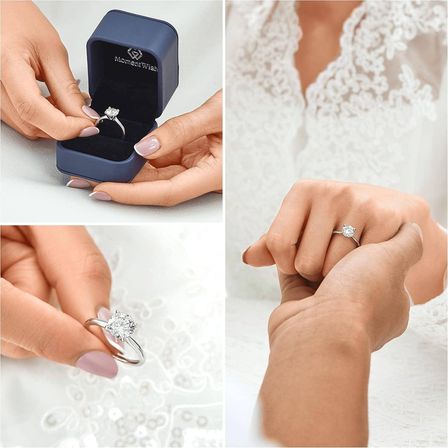 Eine Person öffnet eine Schmuckschatulle und enthüllt einen Diamantverlobungsring. Ein anderes Bild zeigt den Ring, der getragen wird und symbolisch für die Verlobung steht.