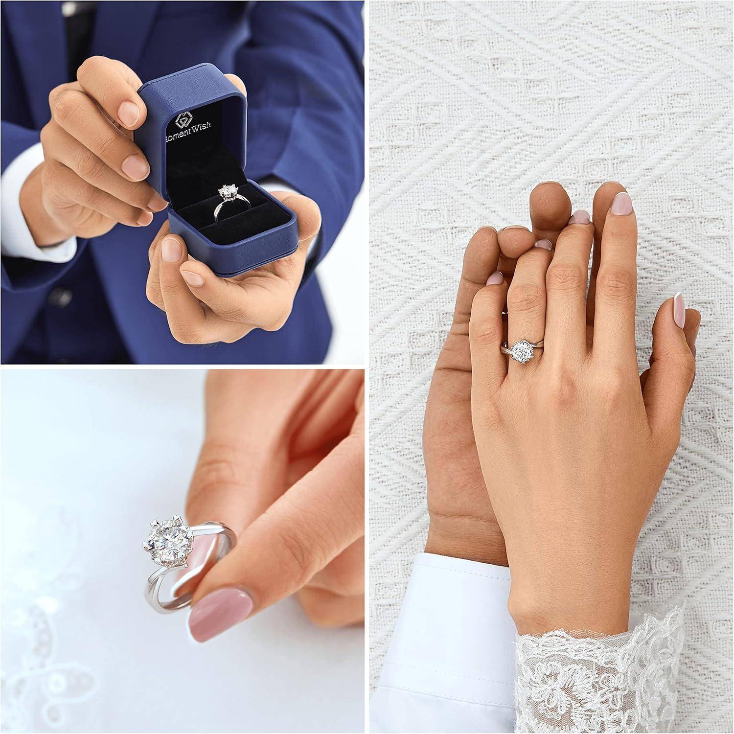 Eine Person präsentiert einen Ring in einer blauen Schmuckschatulle. Ein anderes Bild zeigt eine Hand, die den Ring hält, und ein drittes Bild zeigt Hände mit einem Diamantring.