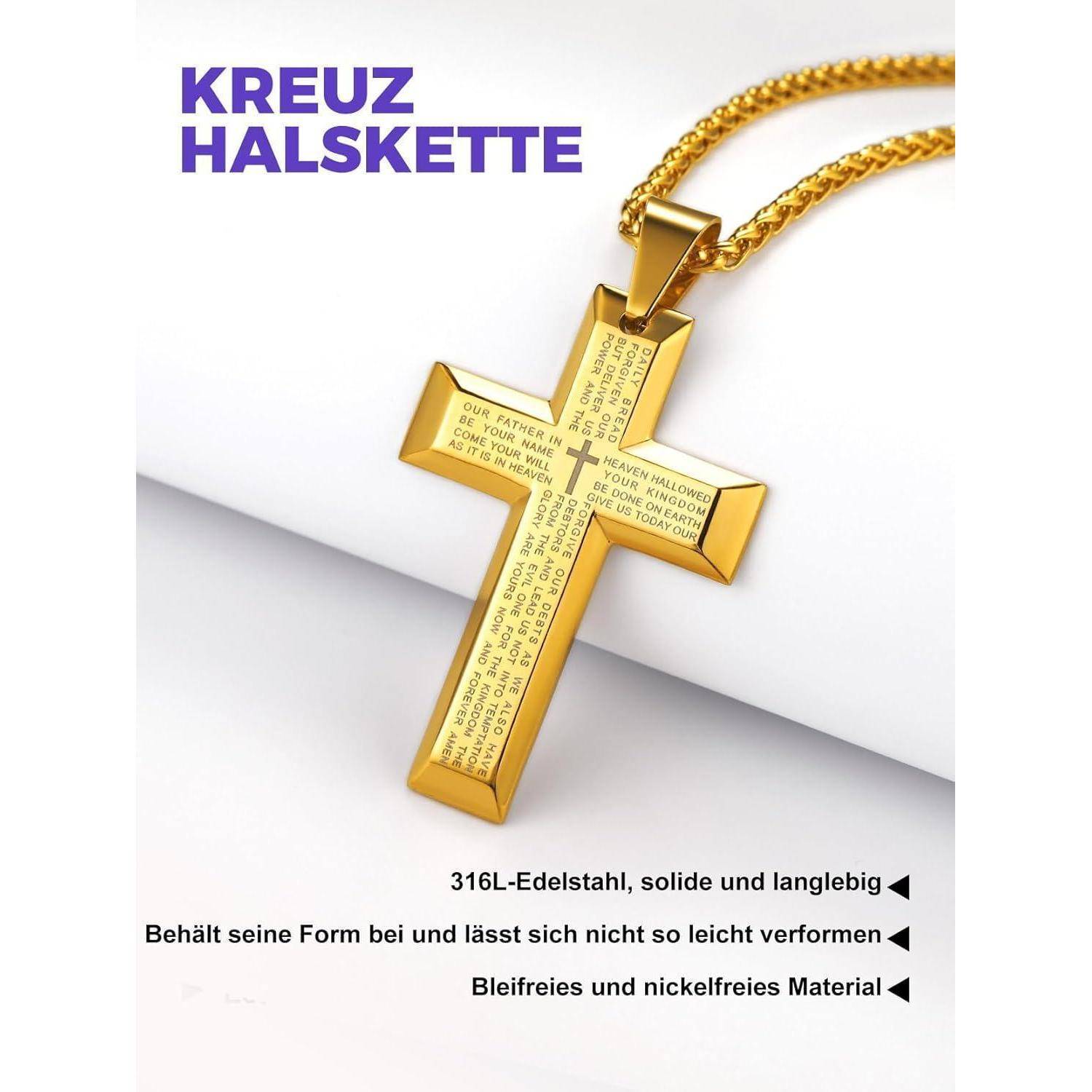 Eine Halskette mit goldenem Kreuz und eingraviertem Text wird auf einer weißen Oberfläche präsentiert. Der Text 'Kreuz Halskette' erscheint fett gedruckt in lila oben auf dem Bild.