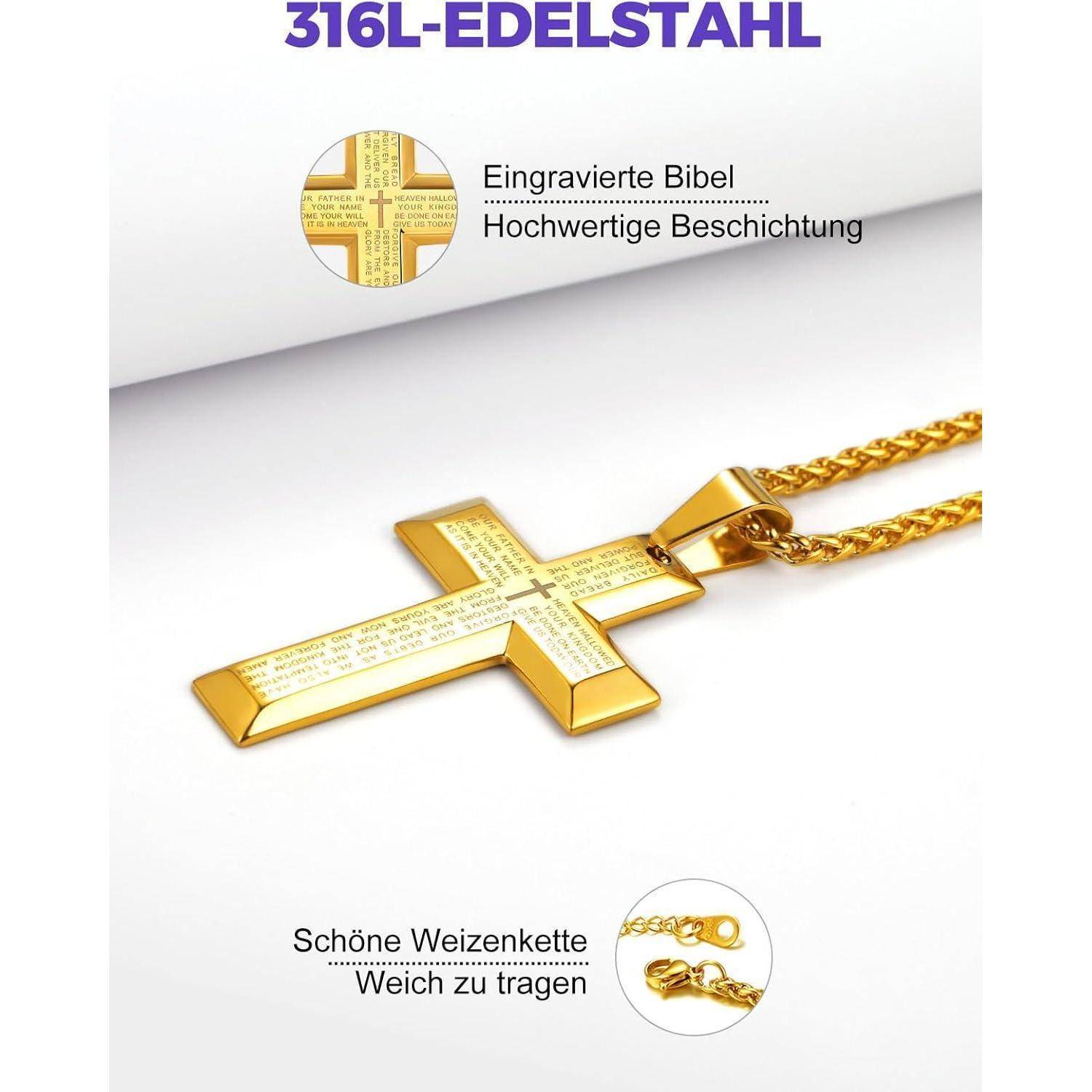 Goldfarben getöntes Kreuzanhänger aus 316L Edelstahl mit einer zarten Kette, versehen mit gravierten Text und als hochwertig und angenehm zu tragen beschrieben.