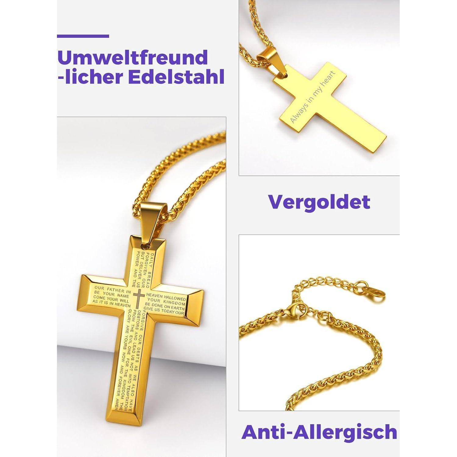 Goldfarben kreuz-anhänger halskette mit gravierten text, gekennzeichnet als umweltfreundlicher edelstahl, vergoldet und hypoallergen.