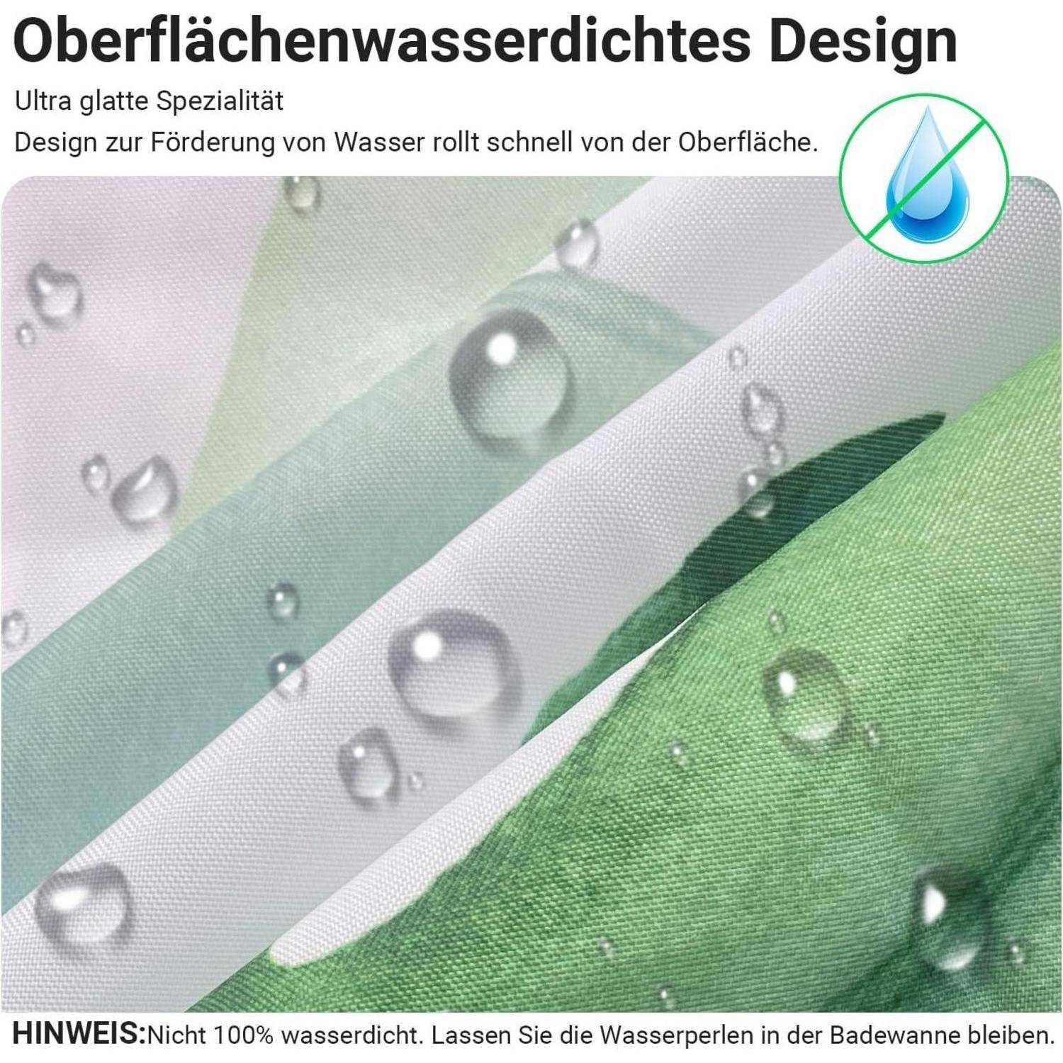 Text: Oberflächenwasserdichtes Design. Ultra glatte Spezialität. Design zur Förderung von Wasser, rollt schnell von der Oberfläche. Hinweis: Nicht 100% wasserdicht. Lassen Sie die Wasserperlen in der Badewanne bleiben.