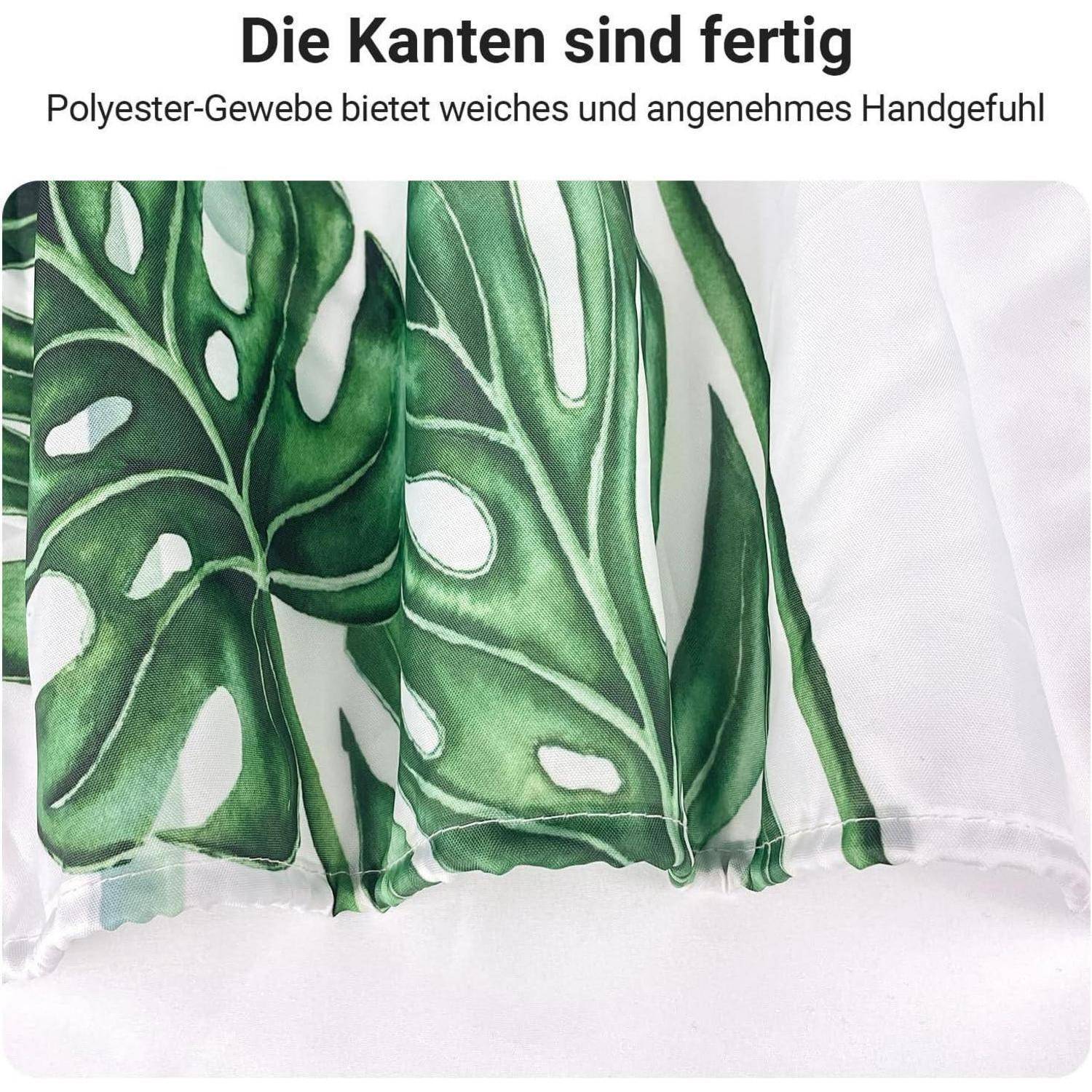 Die Kanten sind fertig. Polyester-Gewebe bietet weiches und angenehmes Handgefühl. Detailaufnahme der Stoffkanten mit grünem Blattmuster.