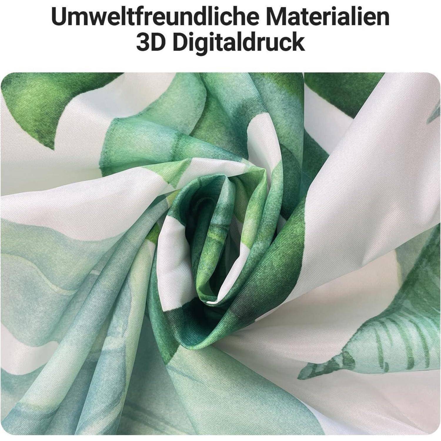 Nahaufnahme von grünem und weißem Stoff mit dem Text ‚Umweltfreundliche Materialien 3D Digitaldruck', der umweltfreundliche Materialien hervorhebt.